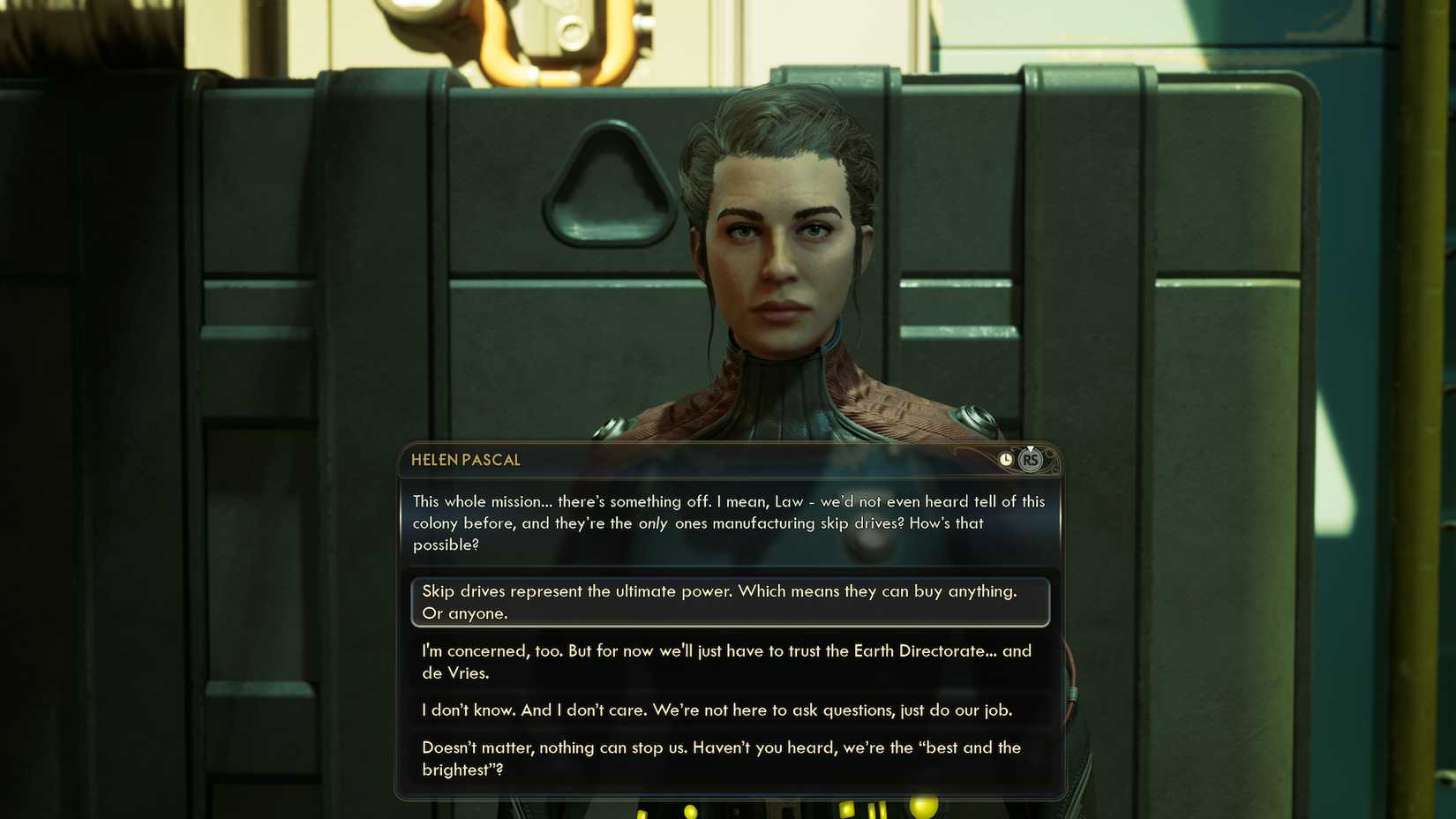 An NPC named Helen Pascal expresses apprehension regarding the upcoming mission to Horizon's Point.