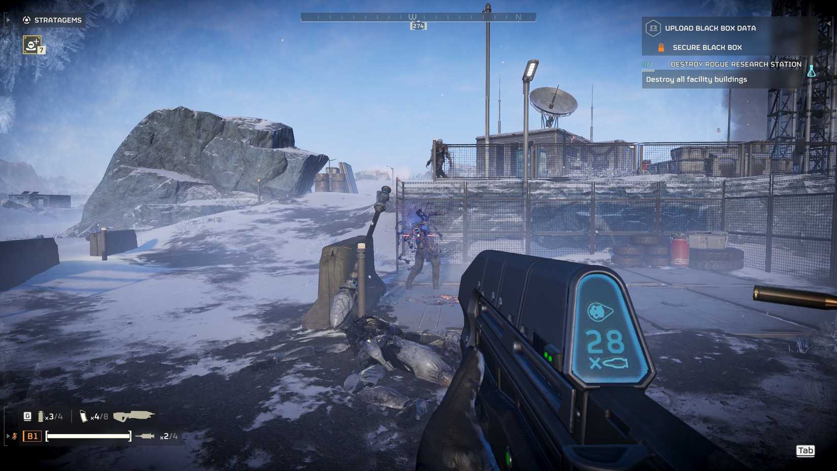 A Helldivers 2 player in first-person mode using the Halo assault rifle