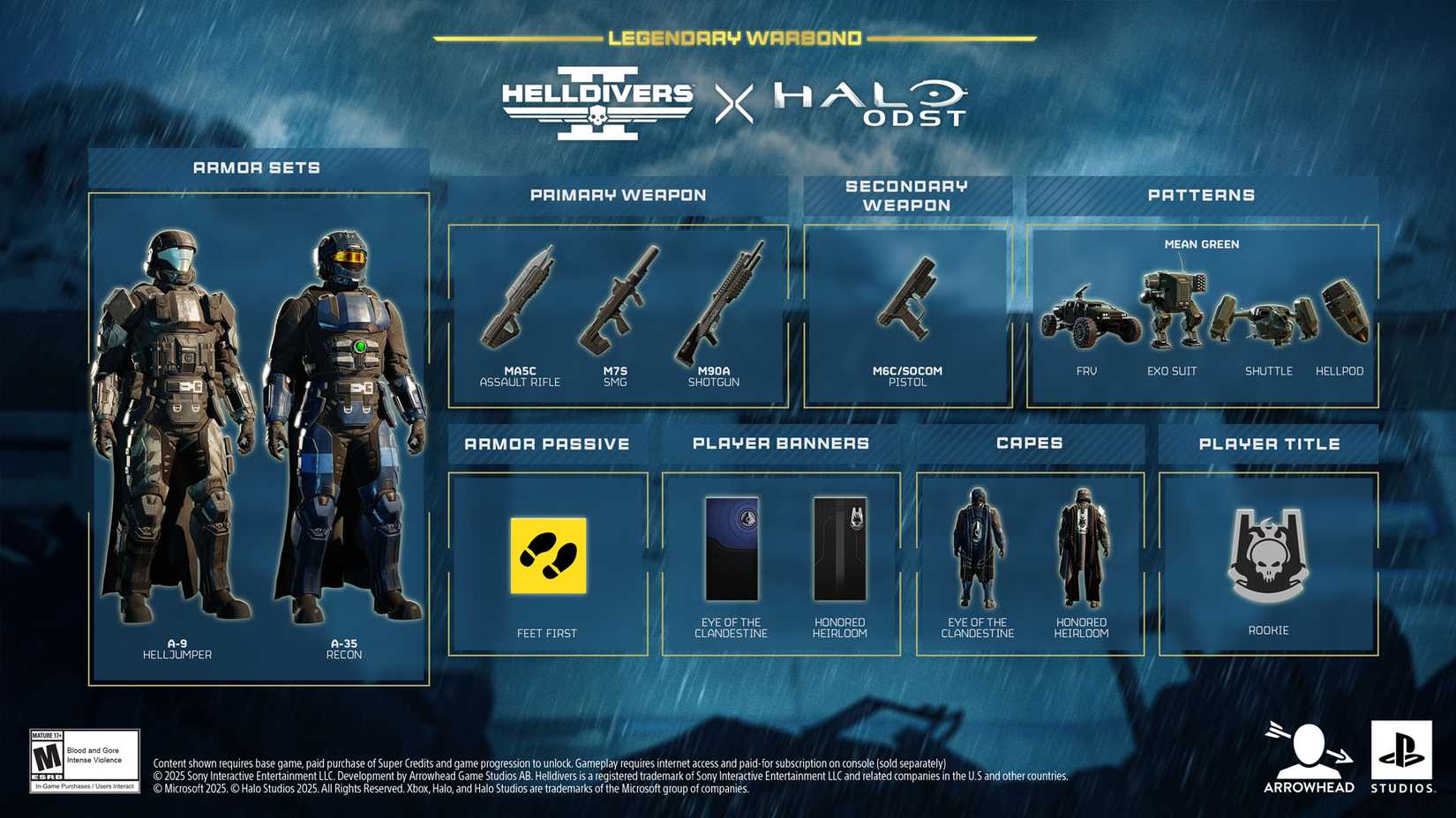 An official Helldiver 2 image showing all the items players can get from the Legendary Warbond Halo ODST.