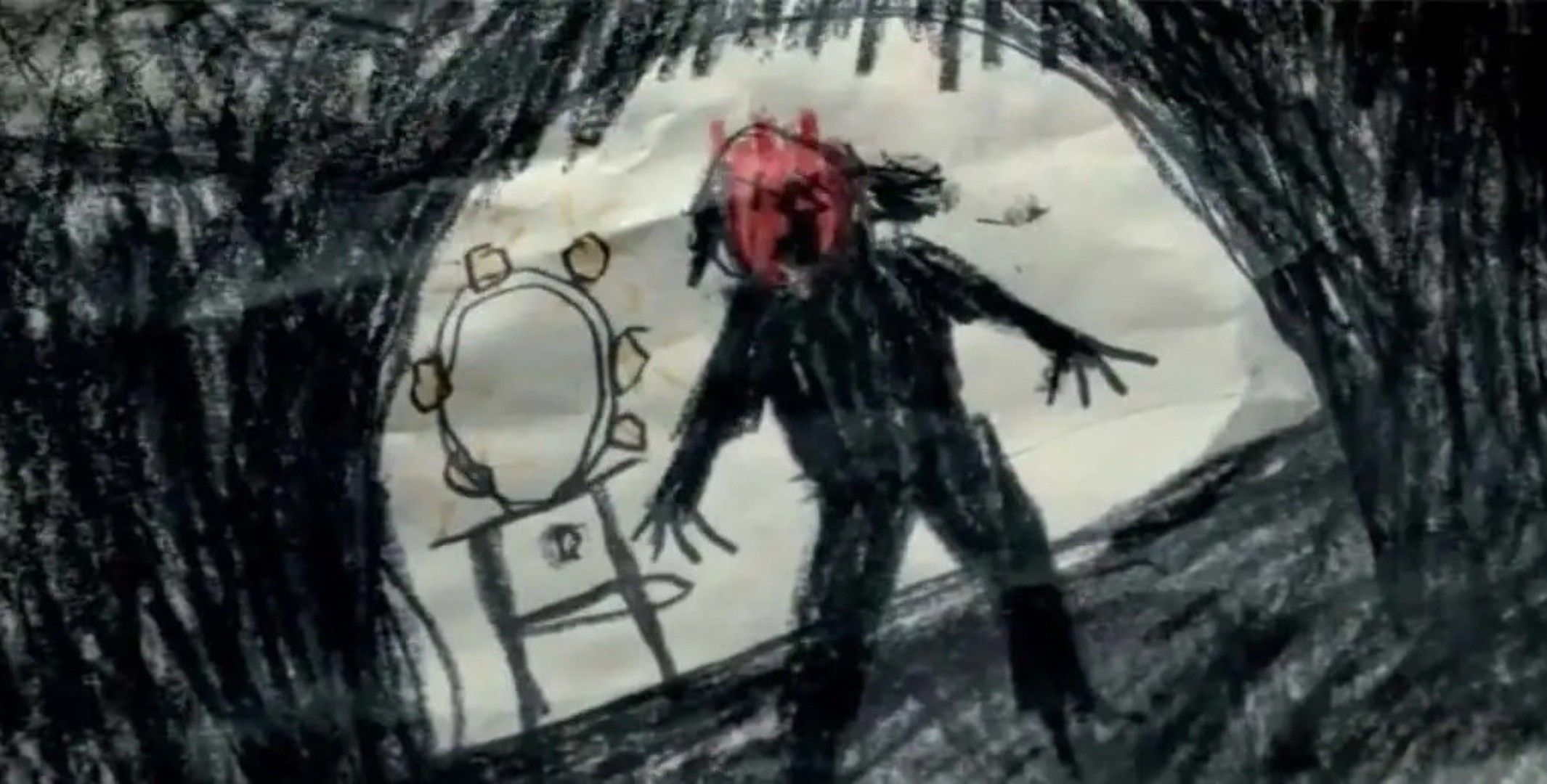 फिल्म से एक नकाबपोश या दानव की तरह के एक बच्चे का अंधेरा और स्क्रिबल ड्राइंग