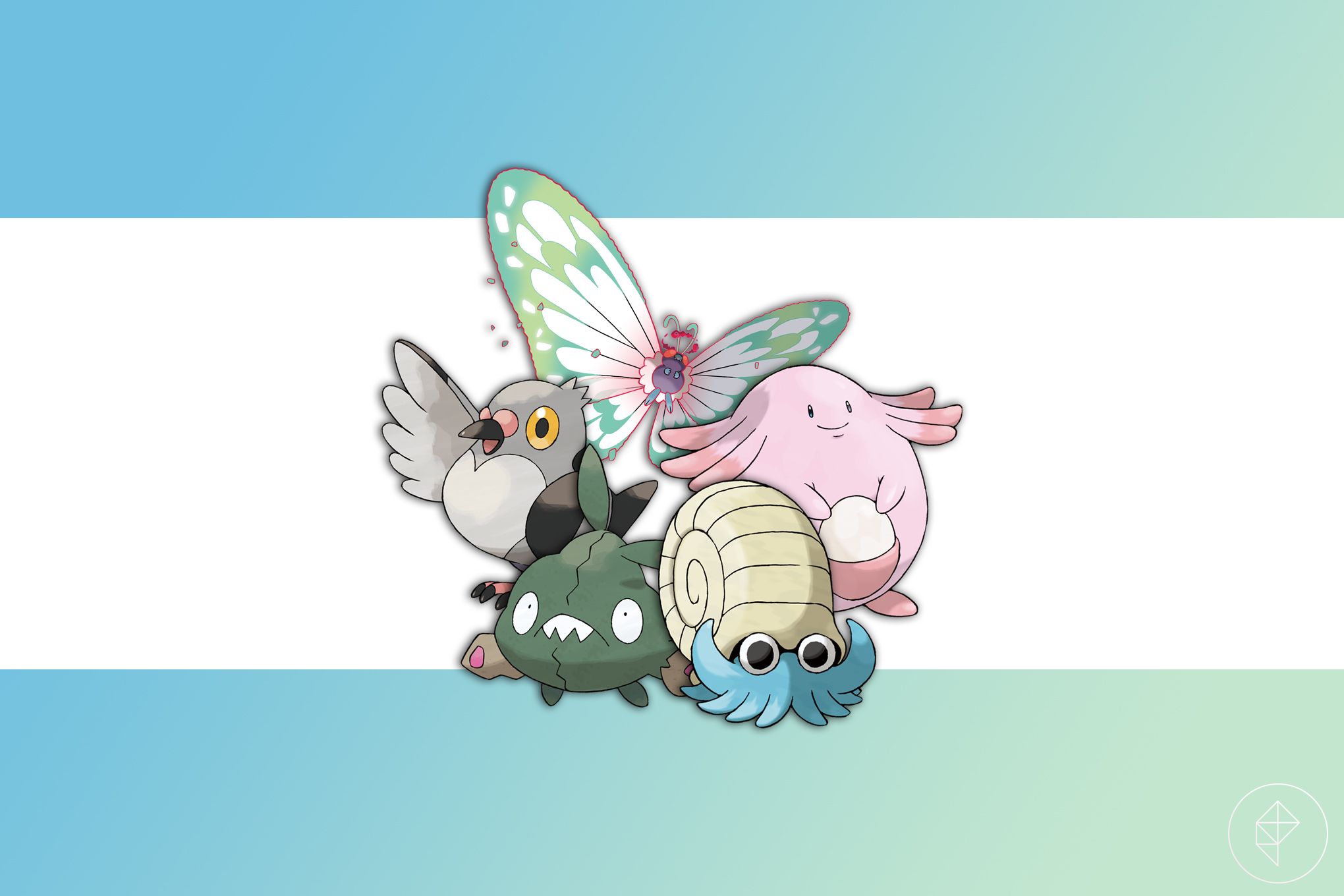 Pidove, Trubbish, Omanyte, Chansey, and Gigantamax Butterfree on a gradient background.