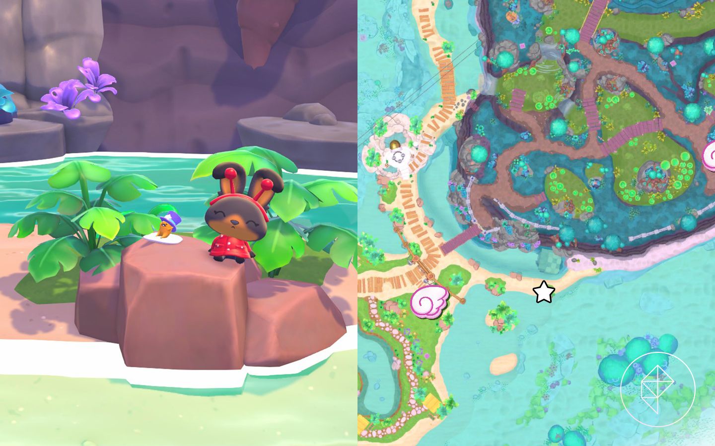 A rabbit in a red alien outfit sits next to a Gudetama in a top hat by the water.