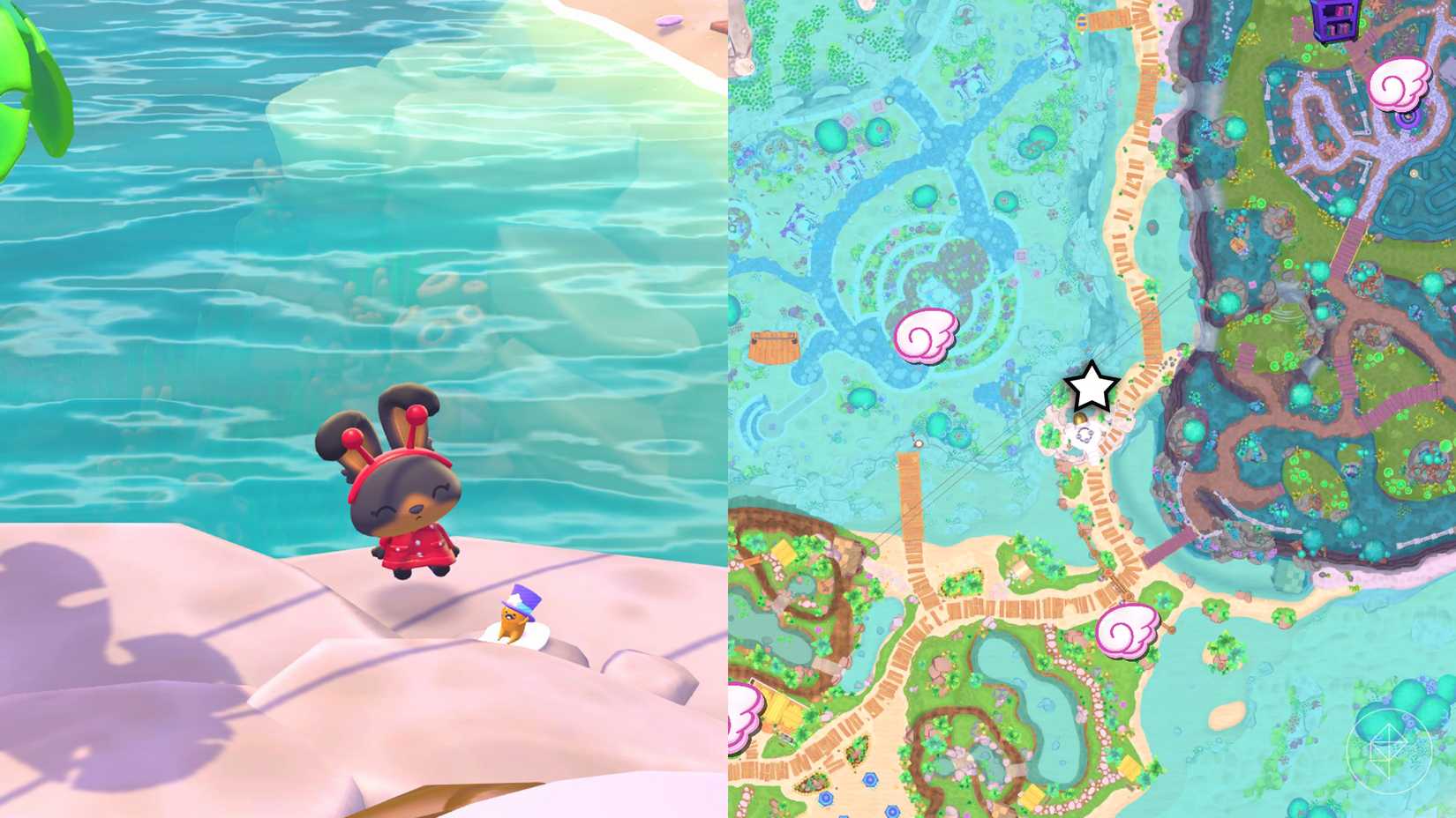A rabbit dressed as a red alien sits with a Tophat Gudetama on some rocks by the ocean.