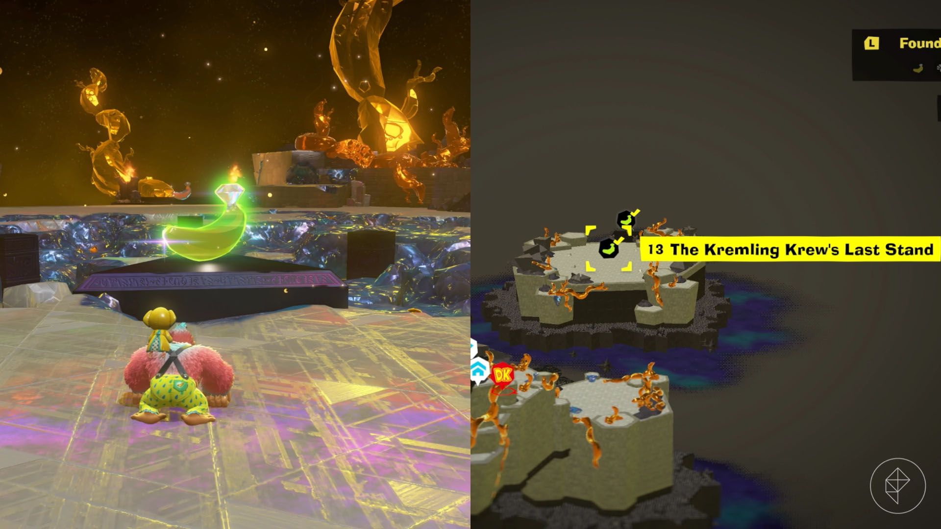 A banana sits on a pedestal in a mostly destroyed arena in Donkey Kong Bananaza.
