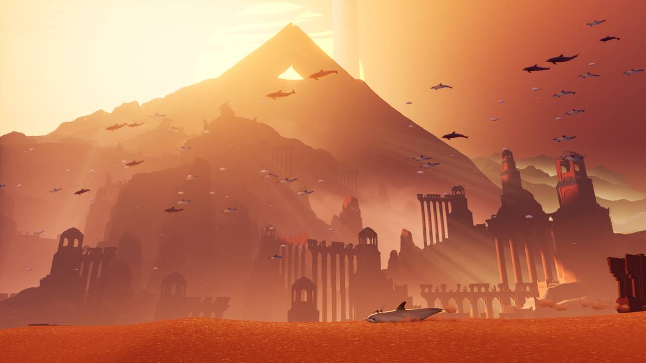 A desert landscape, featuring crumbling palaces and a very Journey-esque color palette.