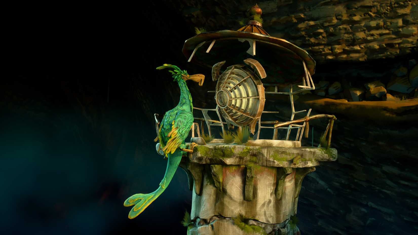 The bird and lighthouse face each other in a screenshot from Keeper