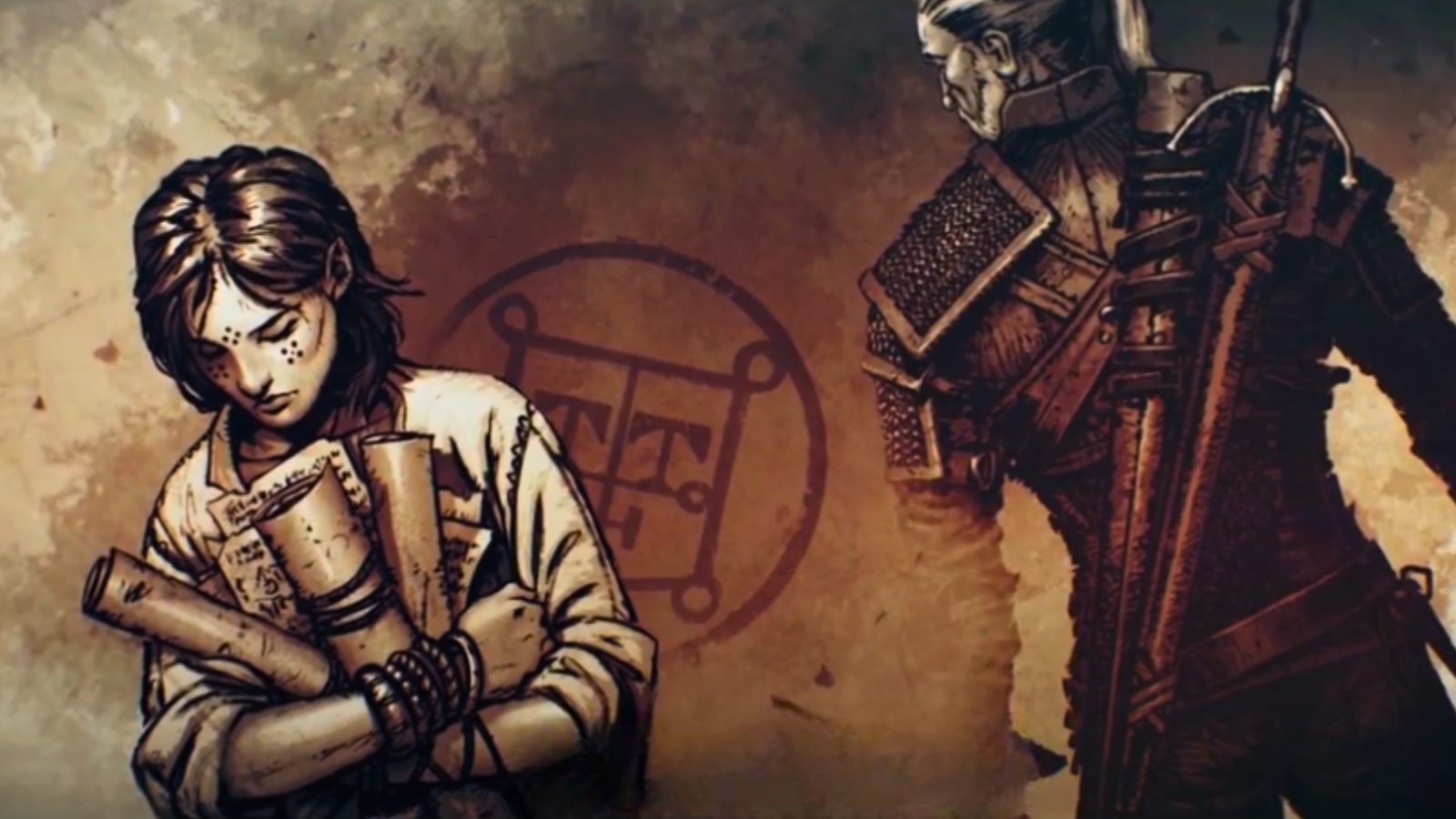 An old-timey drawing of Geralt, his back turned, but looking over his shoulder at a young woman with scrolls wrapped up in her arms.Screenshot from The Witcher 3.