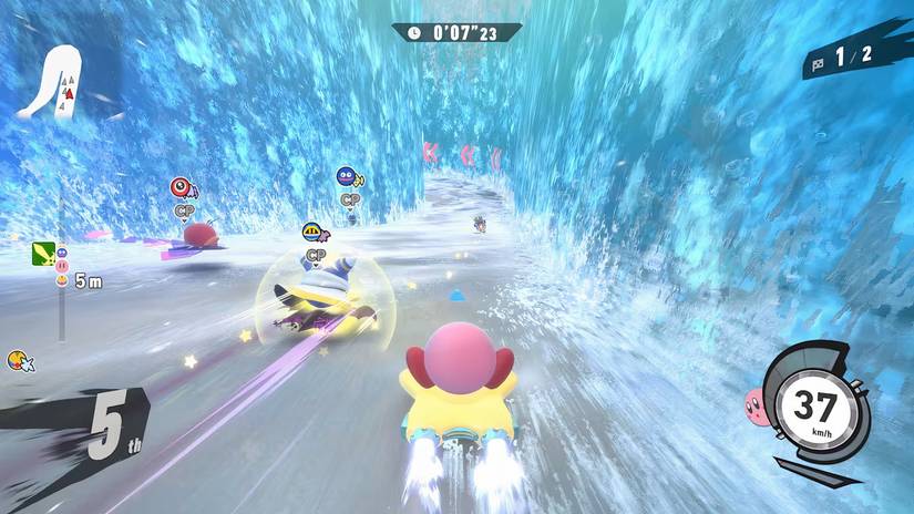 Kirby races down a watery course in Kirby Air Riders.