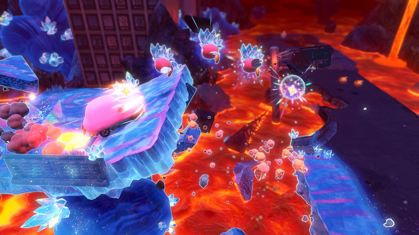 कार किर्बी किर्बी में एक रैंप और भूली हुई भूमि + स्टार-क्रॉस दुनिया में ड्राइव करती है।