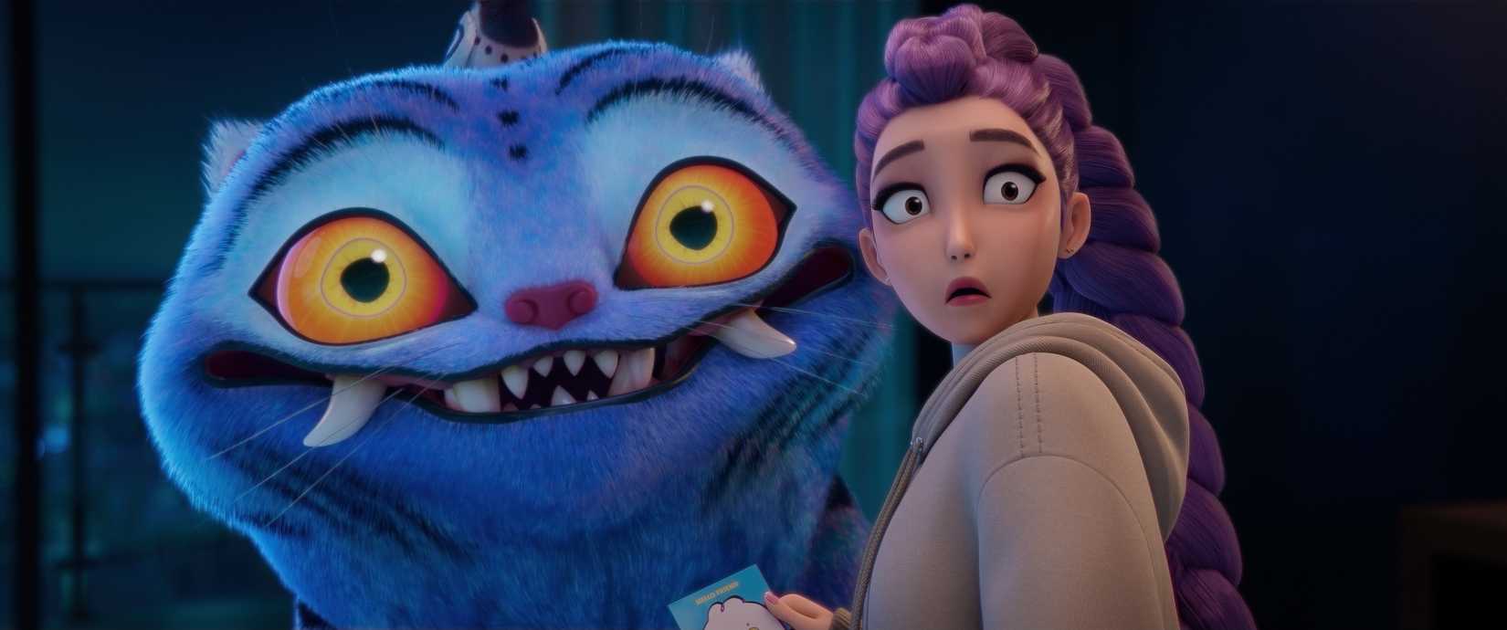 Derpy, एक ब्लू-फ़र्ड डेमोनिक टाइगर, और रूमी, एक बैंगनी बालों वाली के-पॉप स्टार, भयभीत दिखती है। KPOP दानव शिकारी से स्क्रीन।