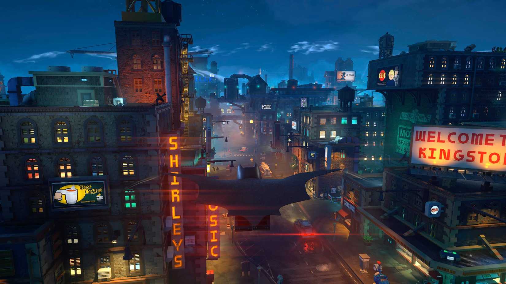 Lego Batman flies through Gotham City at knight