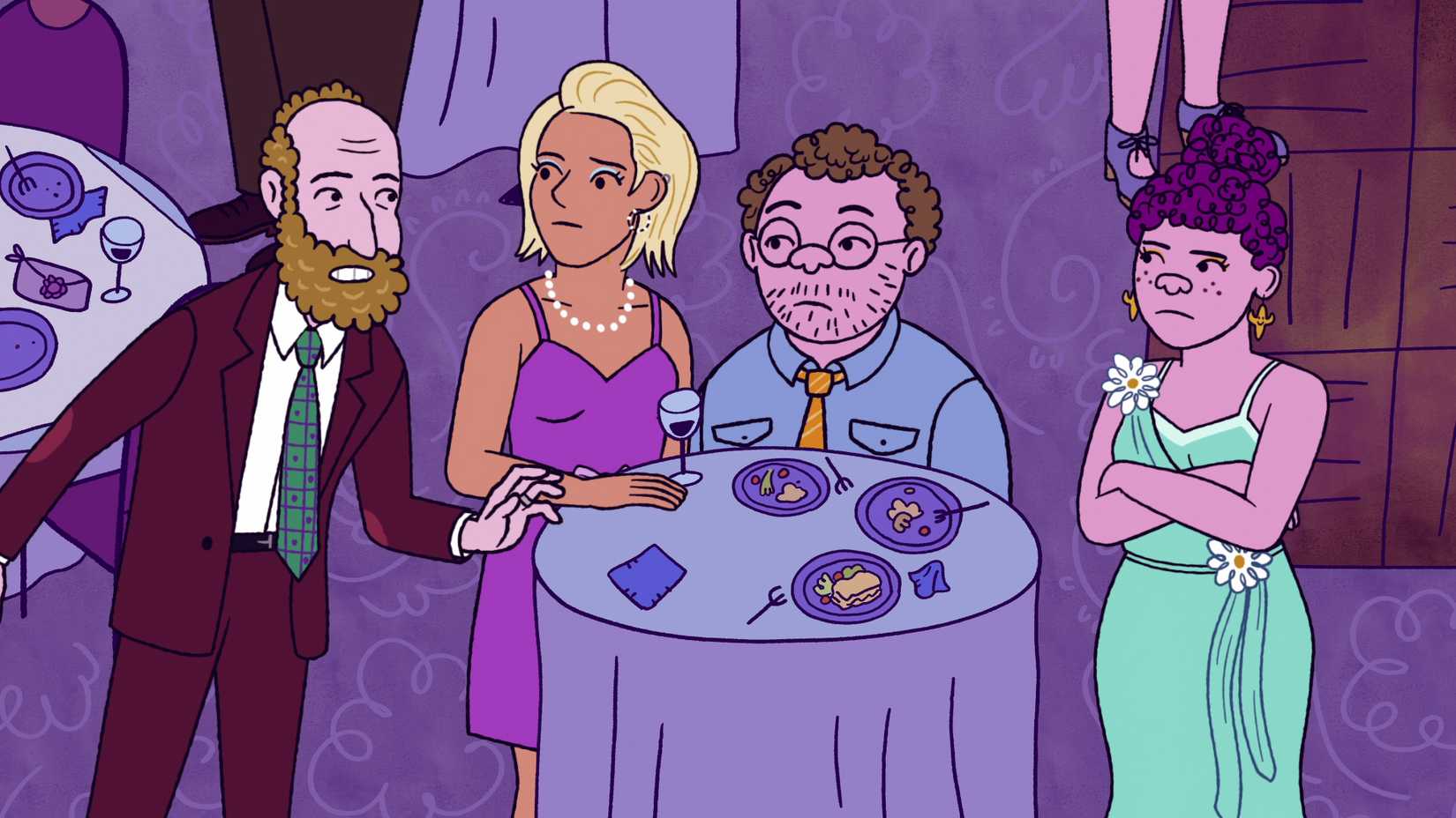 इलियट, जेन, अरी और शिरा लंबी कहानी में योशी के बार मिट्ज्वा में एक मेज पर बात करते हैं।