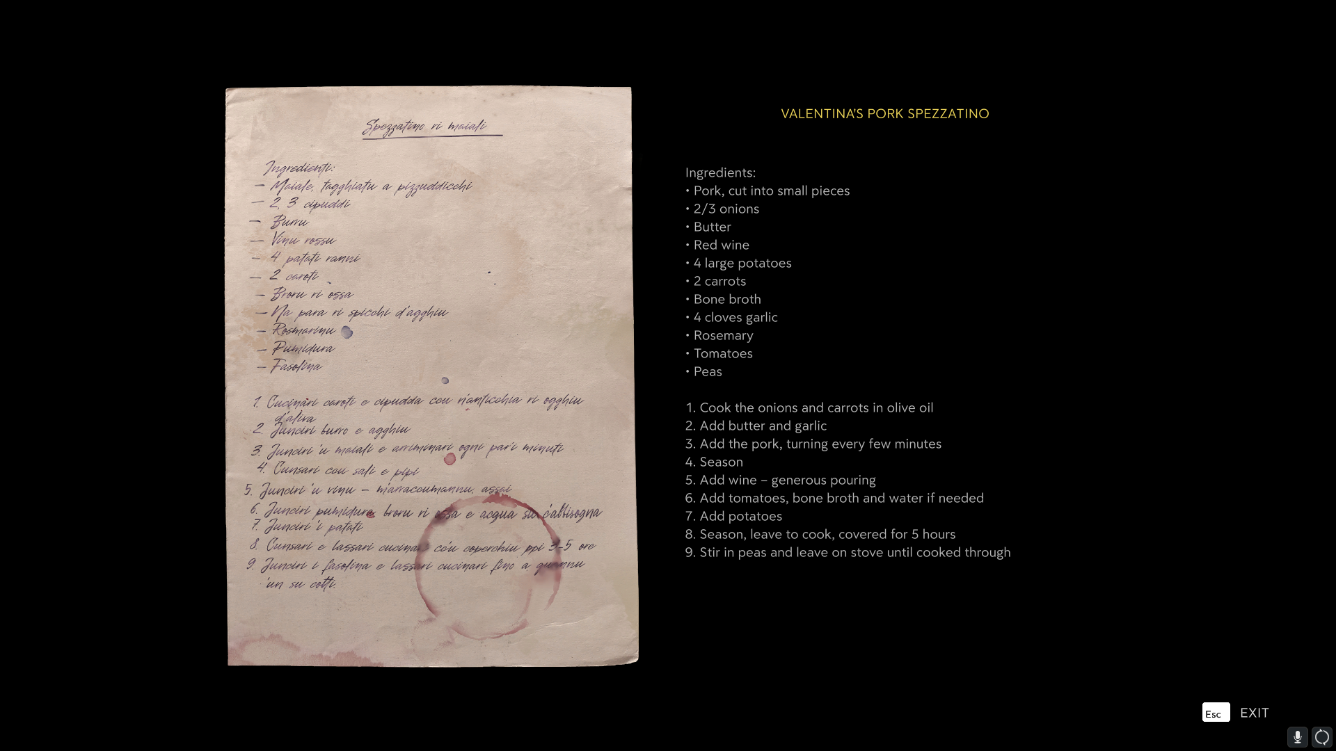 A pork spezzatino recipe appears in Mafia: The Old Country.