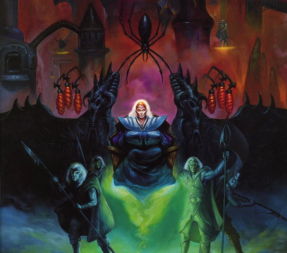 The cover for Book 1 of the Menzoberranzan D&D boxed set, depicting a drow mage and four warriors protecting the entrance to the city