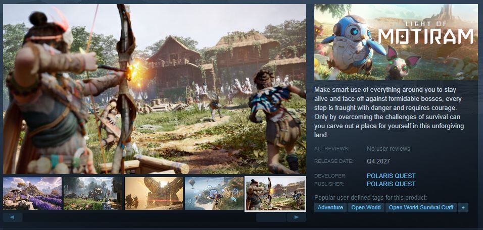 The current Light of Motiram Steam storefront page, which has been adjusted to look less like Horizon Zero Dawn following a lawsuit from Sony. 