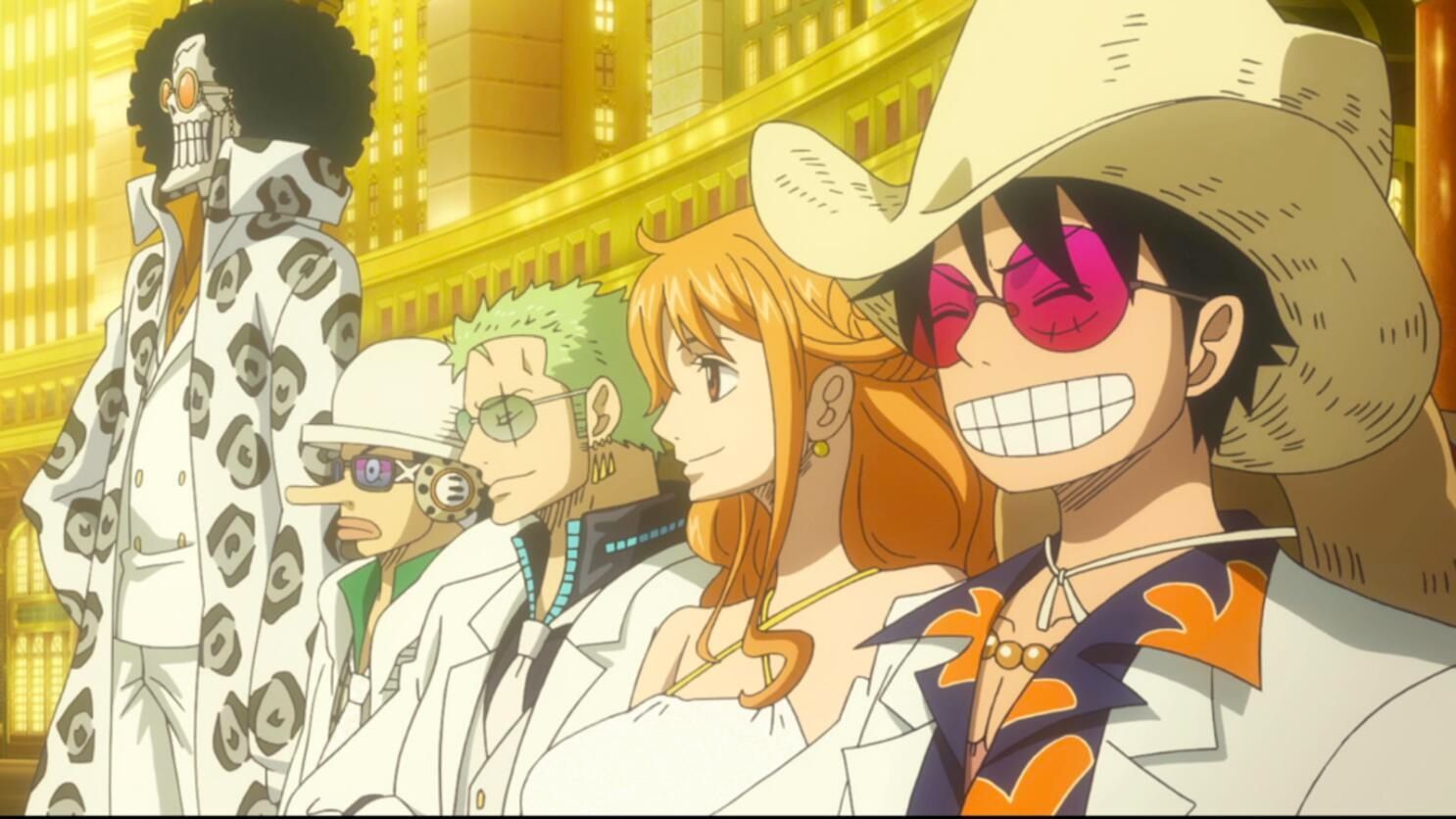 Brook, Usopp, Zoro, Nami, and Luffy dressed up in One Piece Film Z
