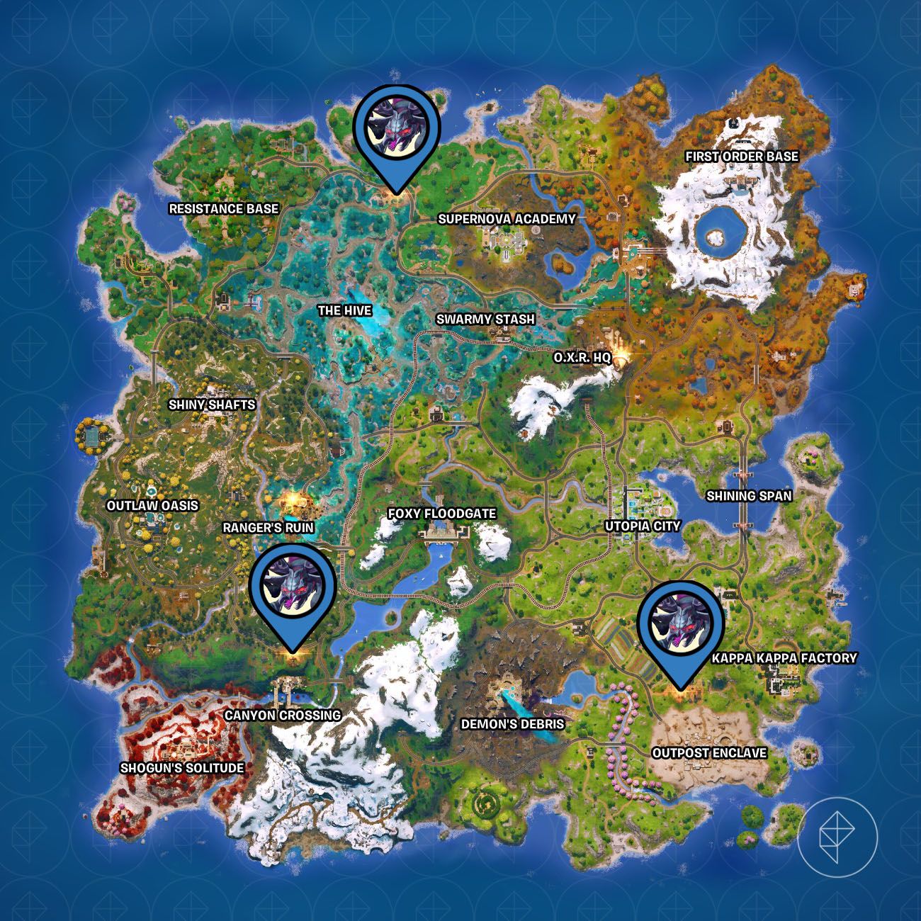 The location of the three infected outposts marked on the Fortnite Chapter 6 Season 4 map with a pin.