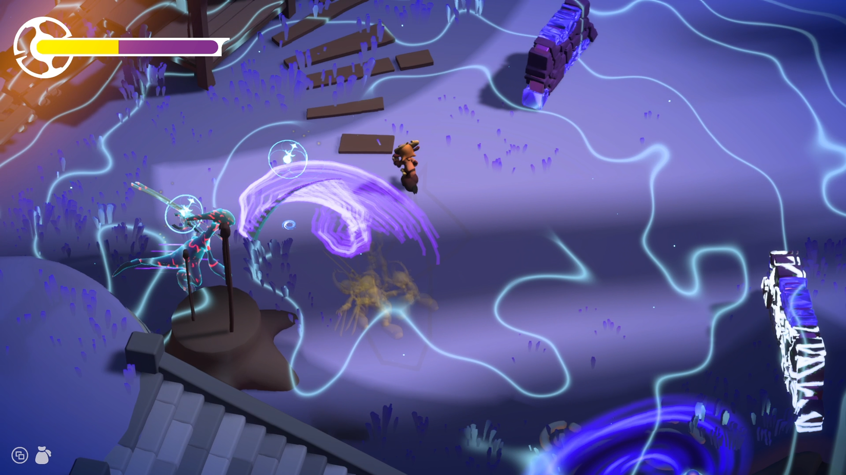Phi running from an enemy in Panta Rhei.