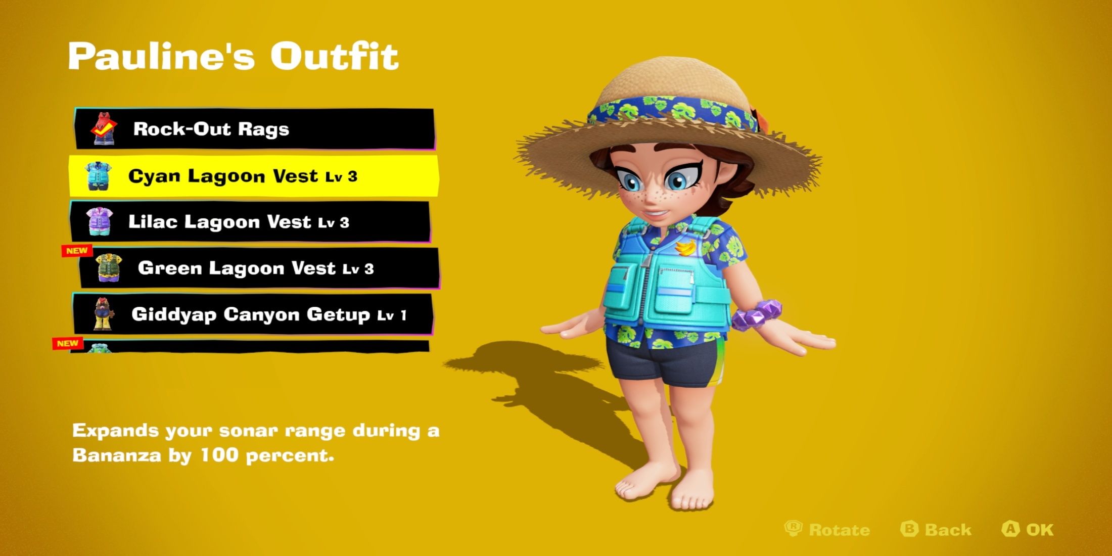 pauline wearing a cyan vest in bananza