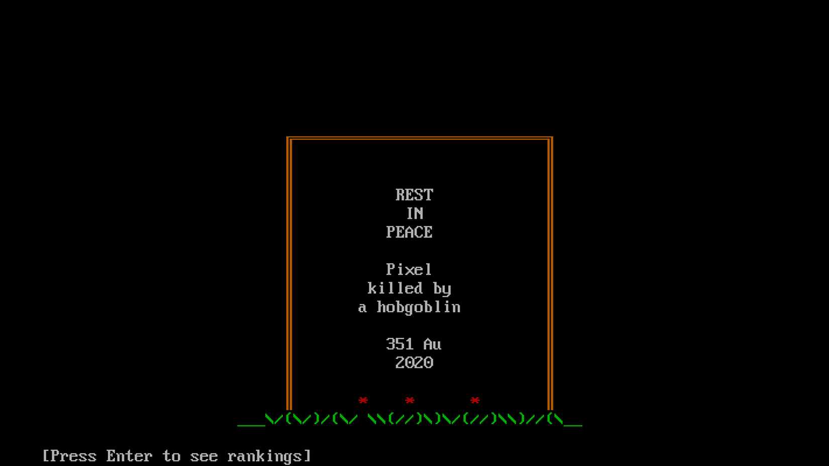 The game over screen of Rouge (1980)