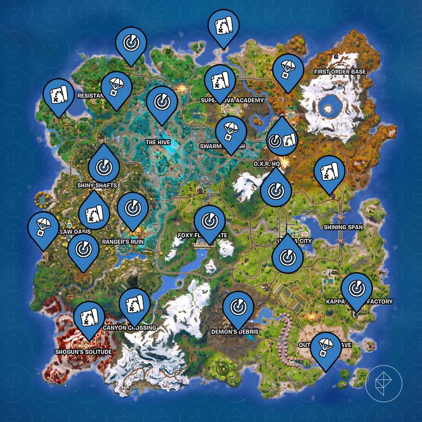 Hunter, Supply Drop, and Plunder Shadow Briefings marked on the map of Fortnite Chapter 6 Season 4.