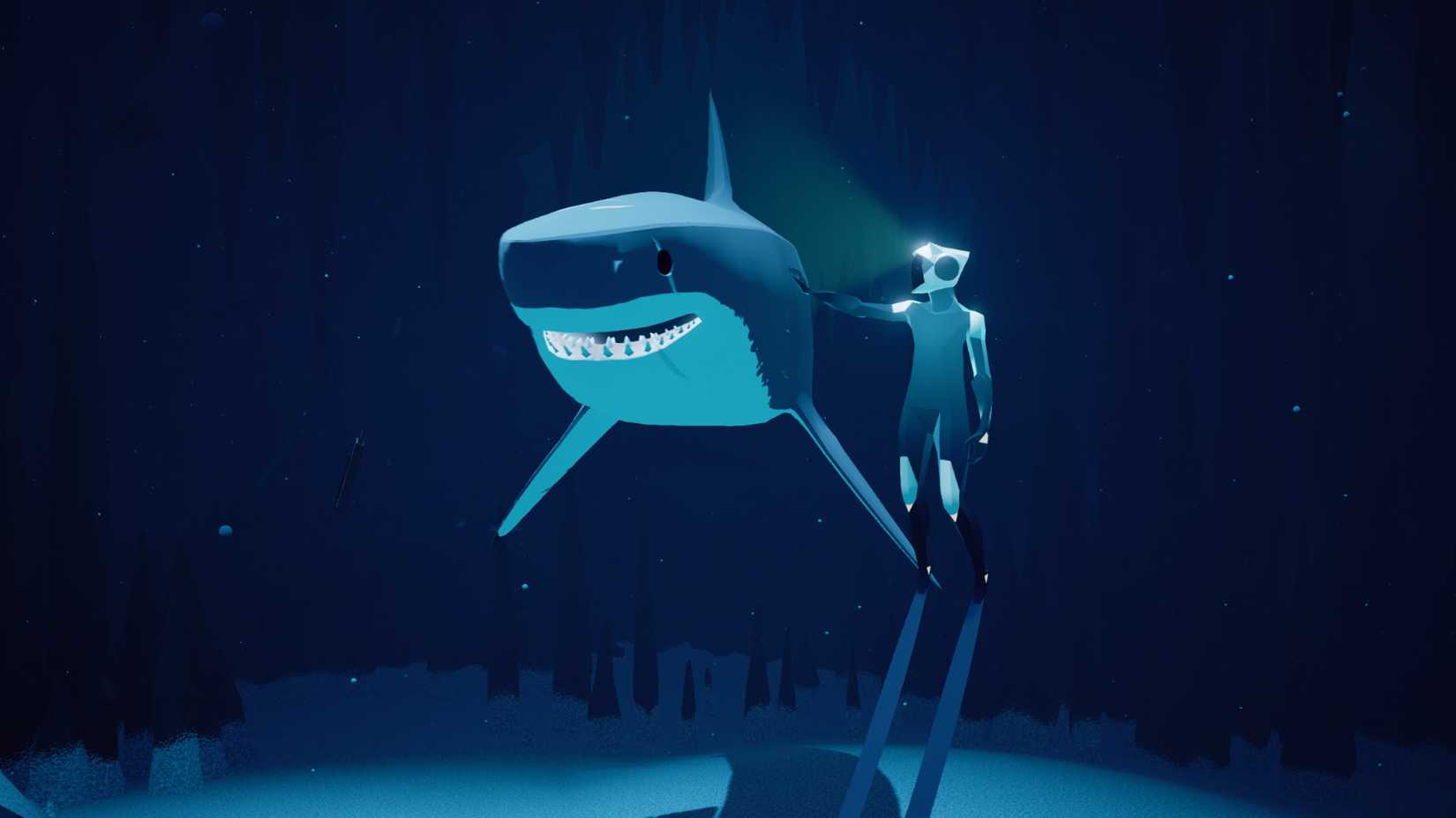 غواص بازی ABZÛ در حال نوازش یک کوسه است.