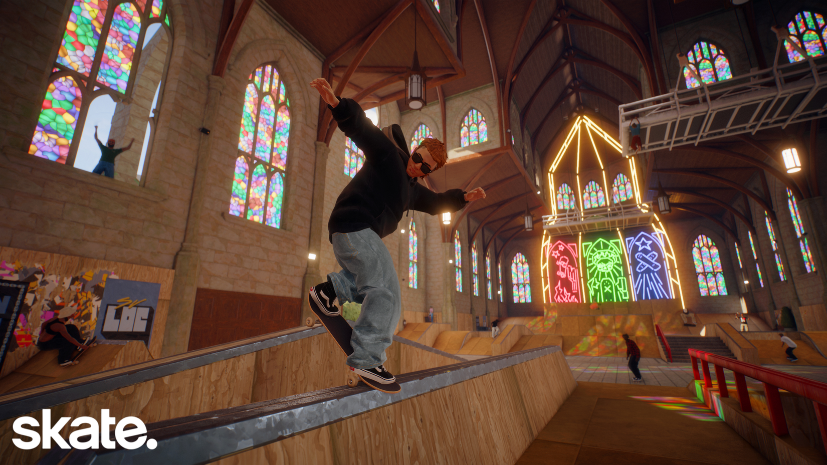 A skater grinds on a rail in a church in Skate.