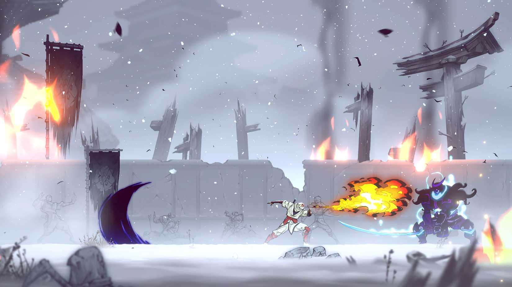 Joe Musashi breathes fire in a screenshot from Shinobi: Art of Vengeance