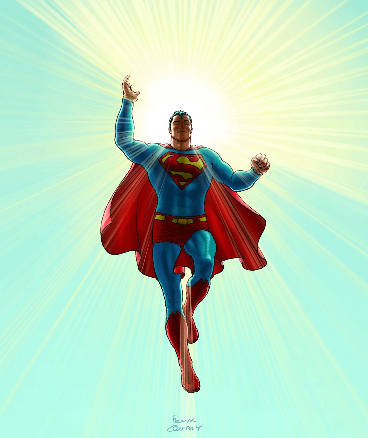 The cover of All-Star Superman issue 4 with Superman flying in the sky with a beam of light behind him
