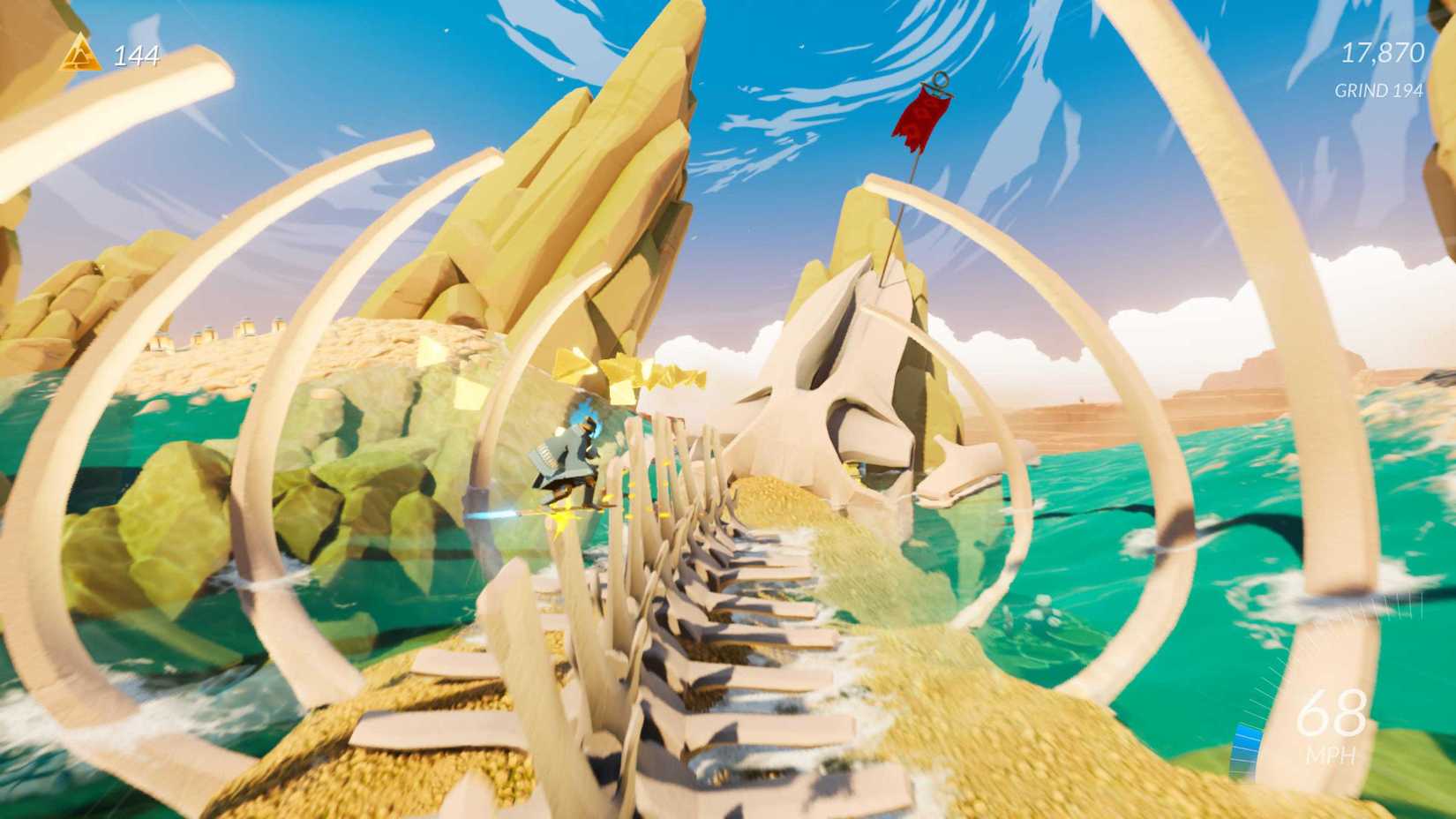 समुद्र की तलवार में एक रेल के रूप में एक महान जानवर की रीढ़ का उपयोग करना।