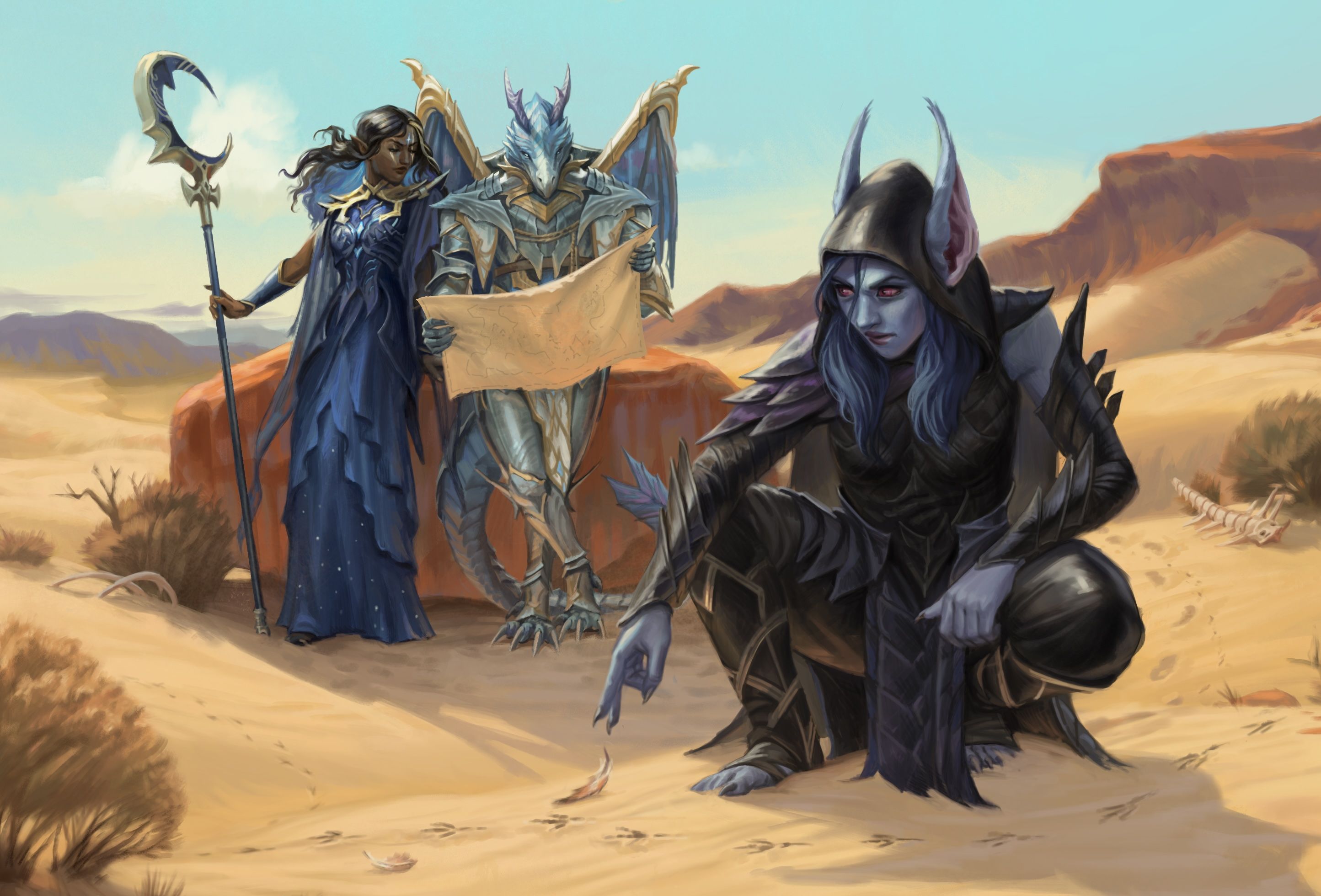 Um Elf Wode examina as faixas aviárias na areia como uma noite de dragão e um elfo alto examinam um mapa na arte da draw steel