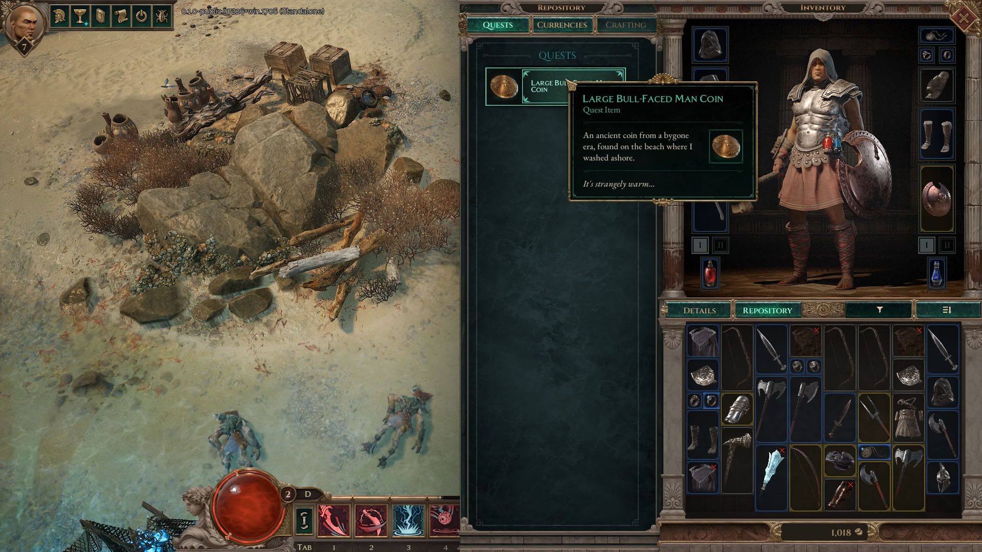 Titan Quest 2 screenshot showing the invetory menu tab where quest items are placed alongside the description of the Large Bull-Faced Man Coin description