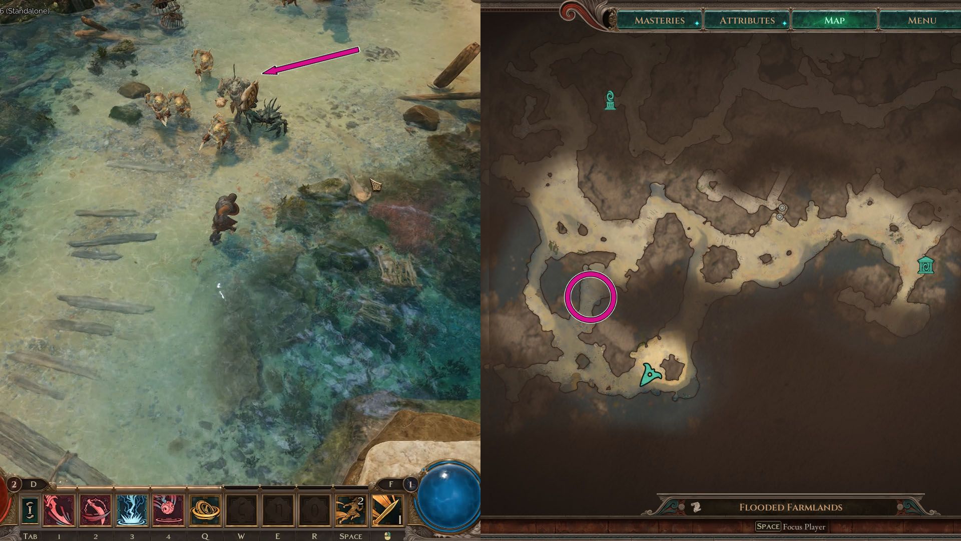 A montage with two Titan Quest 2 images. On the left side, there's an image of a character next to a group of fish-like humanoid enemies. On the right side, you see the in-game map and where this group of enemy is located.