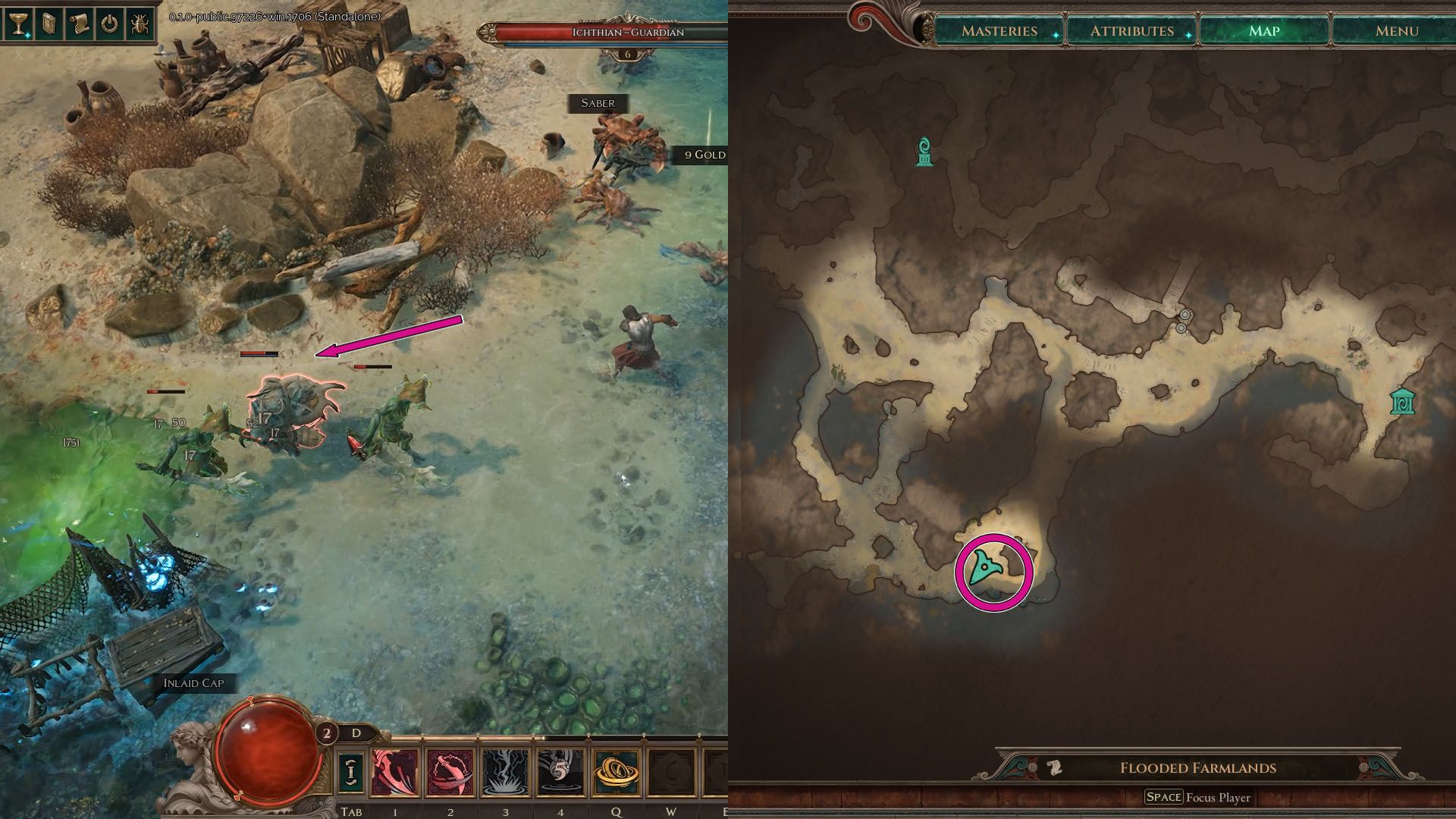 A montage with two Titan Quest 2 images. On the right side, the character fighting in the shore against three fish humanoid enemies. On the right side, the in-game map showing their location.