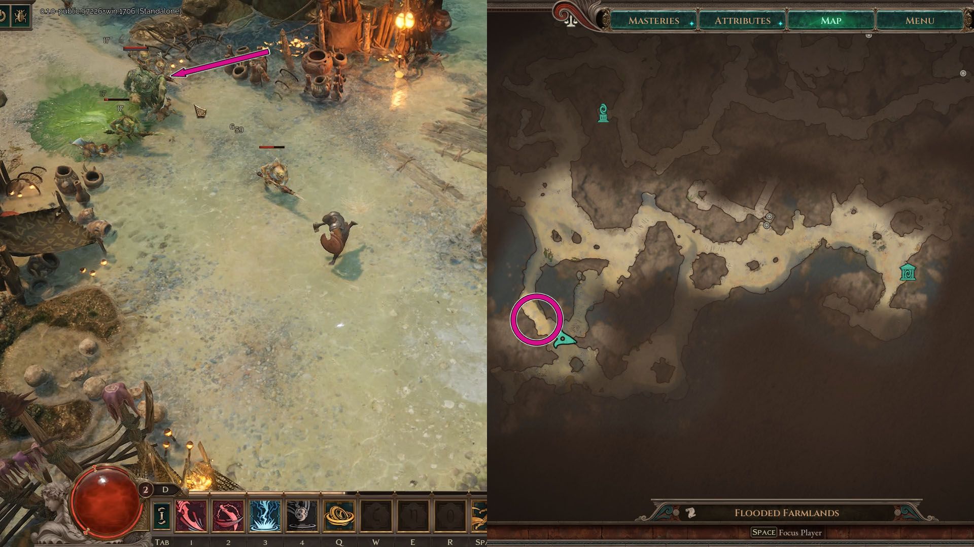 A montage with two Titan Quest 2 images. On the right side, you see a character running from some fish-like humanoid enemies. On the right side, an imagem shows their location on the in-game map.