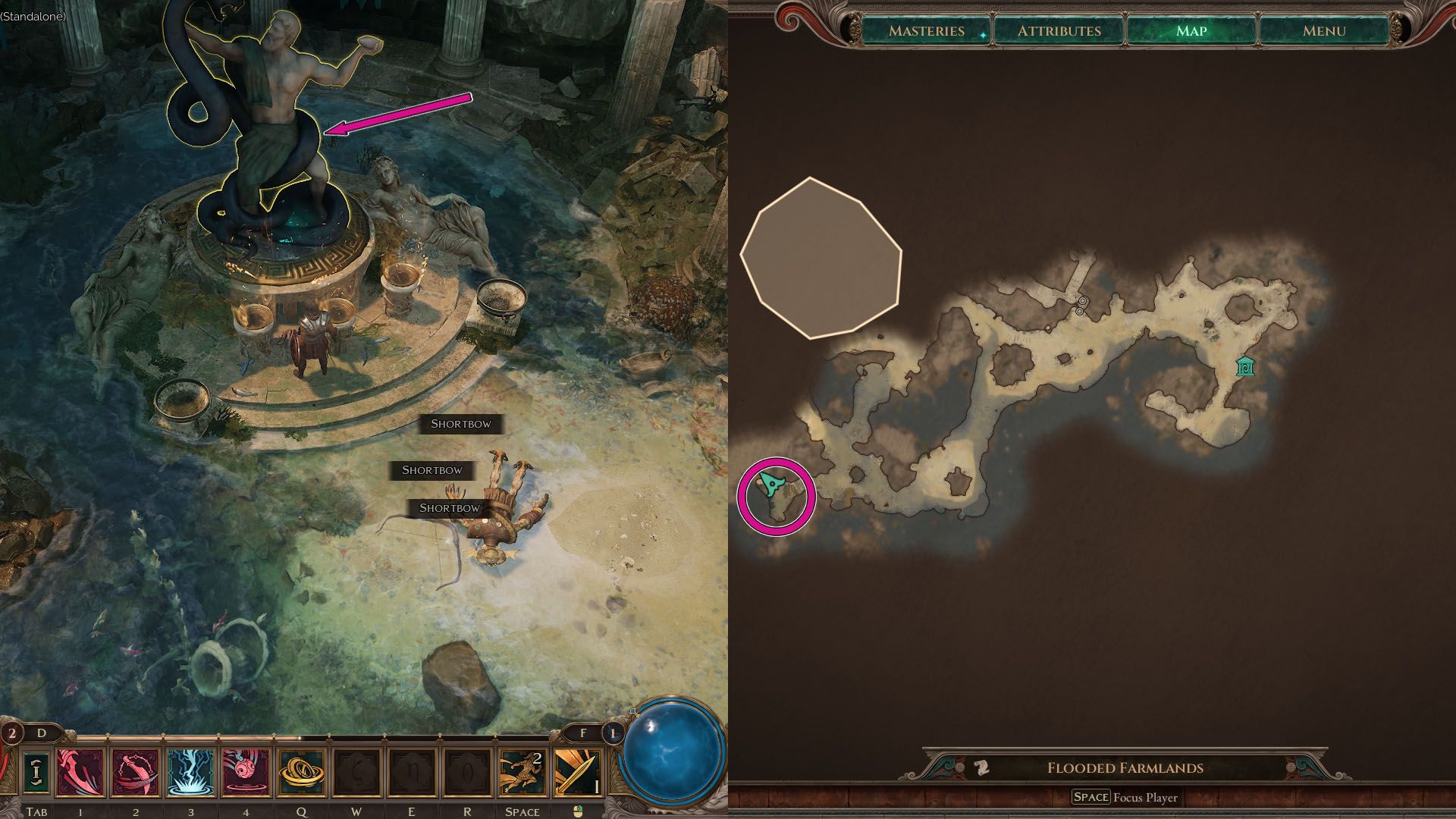 A montage with two Titan Quest 2 screenshots. On the left side, there's an image showing a character in front of the statue of Herakles, while on the right side there is an imagem of the in-game map and pointing to where the statue is located.