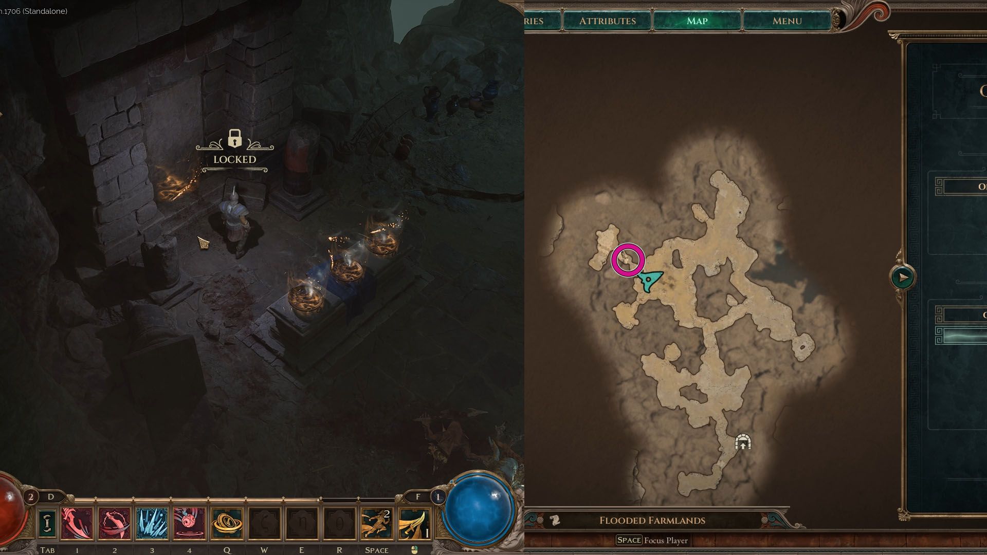 A montage of two Titan Quest 2 screenshots. On the left side, you can see the character facing a door and the message "locked" above them. On the right side, there is the in-game map showing the location of the door.