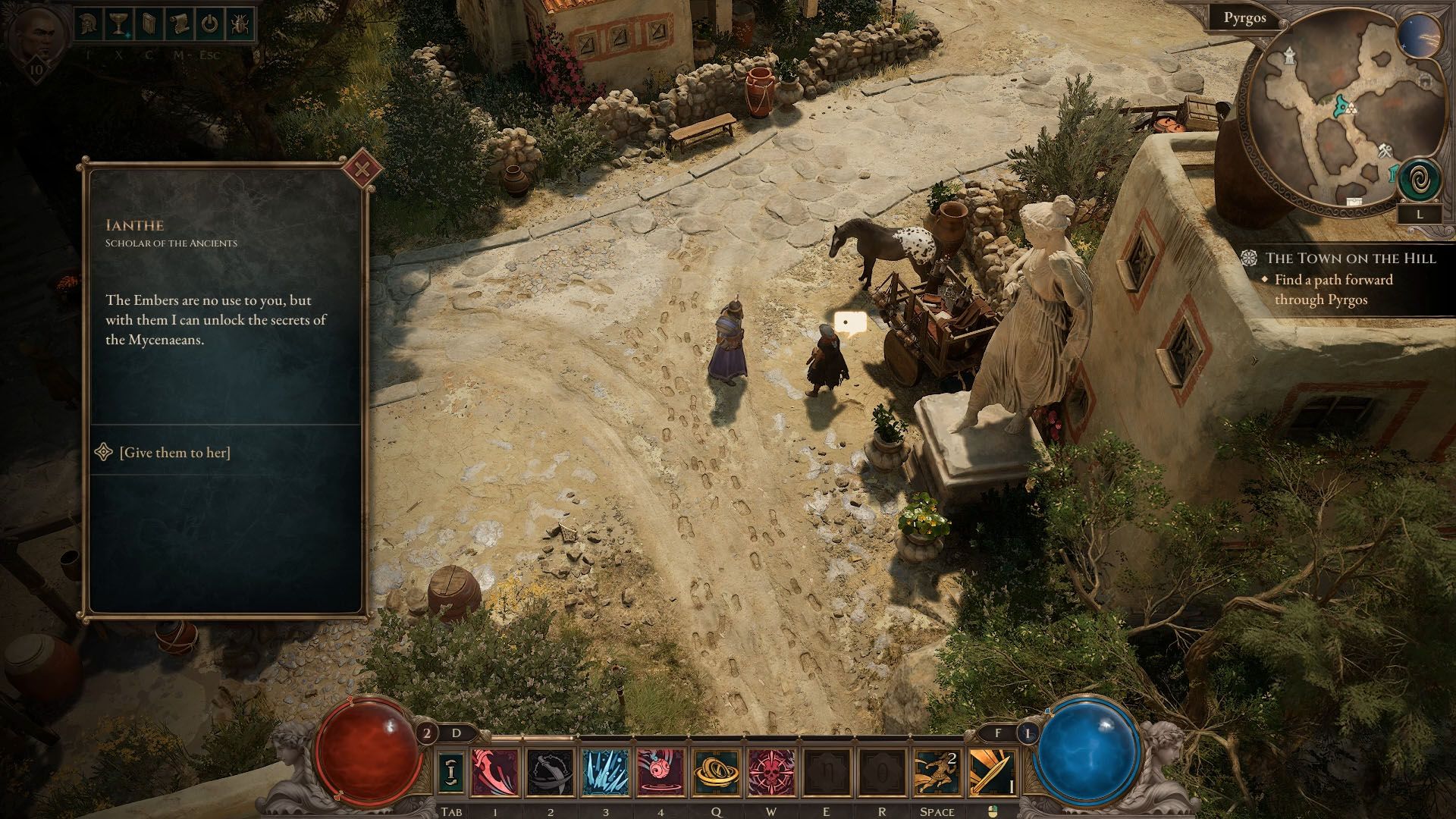 A Titan Quest 2 screenshot showing a character talking to a woman called Ianthe. They are in the middle of a village with a horse beside them.