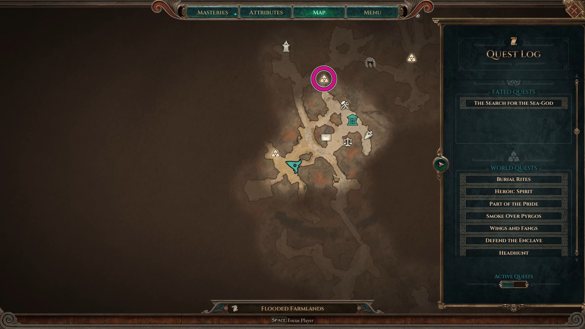 A Titan Quest 2 screenshot showing the in-game map where players can find Ianthe to complete the Ancient Embers quest.