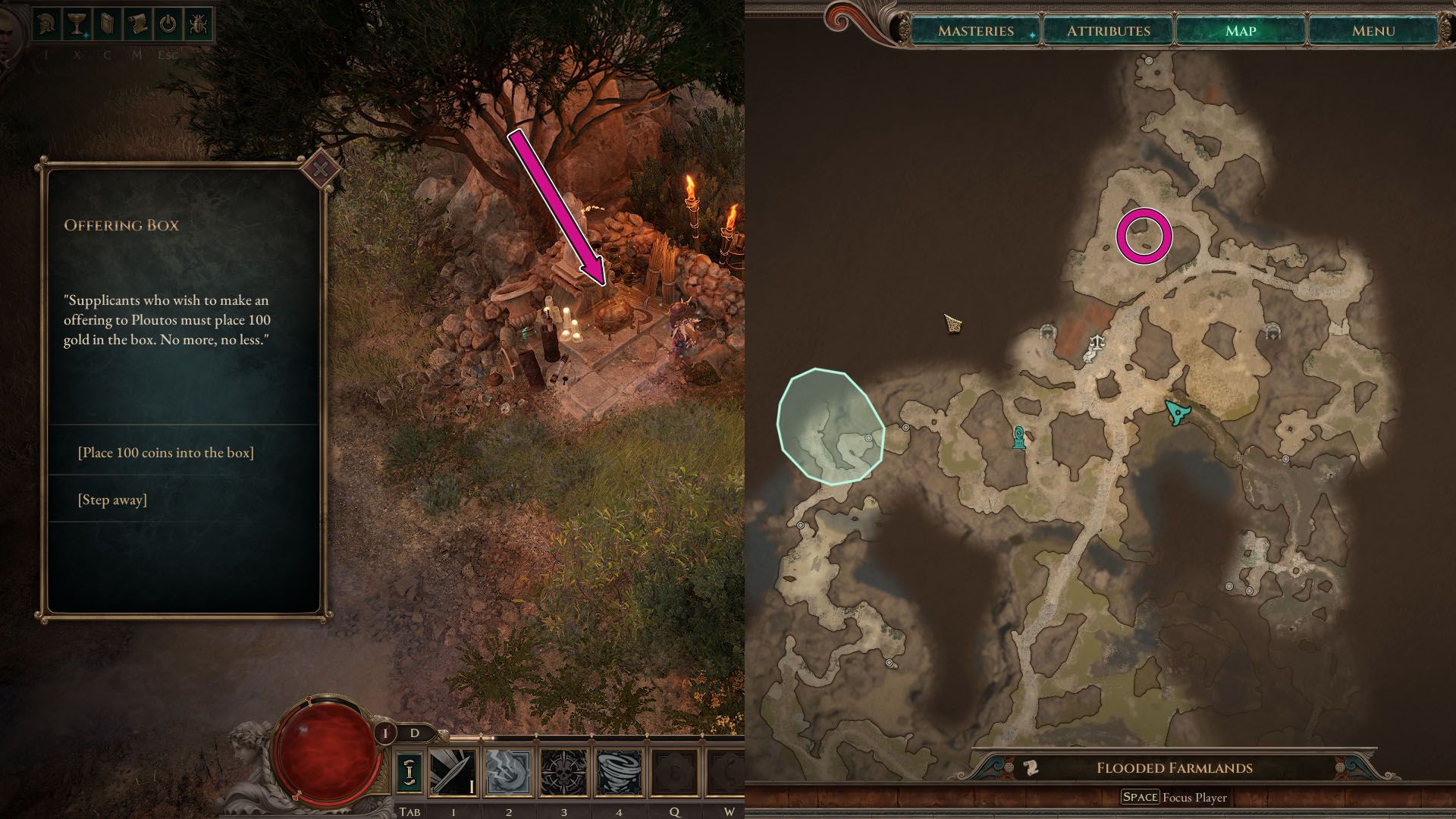 A montage of two Titan Quest 2 images. On the right side, you see the character facing a box and a pink arrow pointing to it. On the left side, you see the in-game map showing the location of the box.