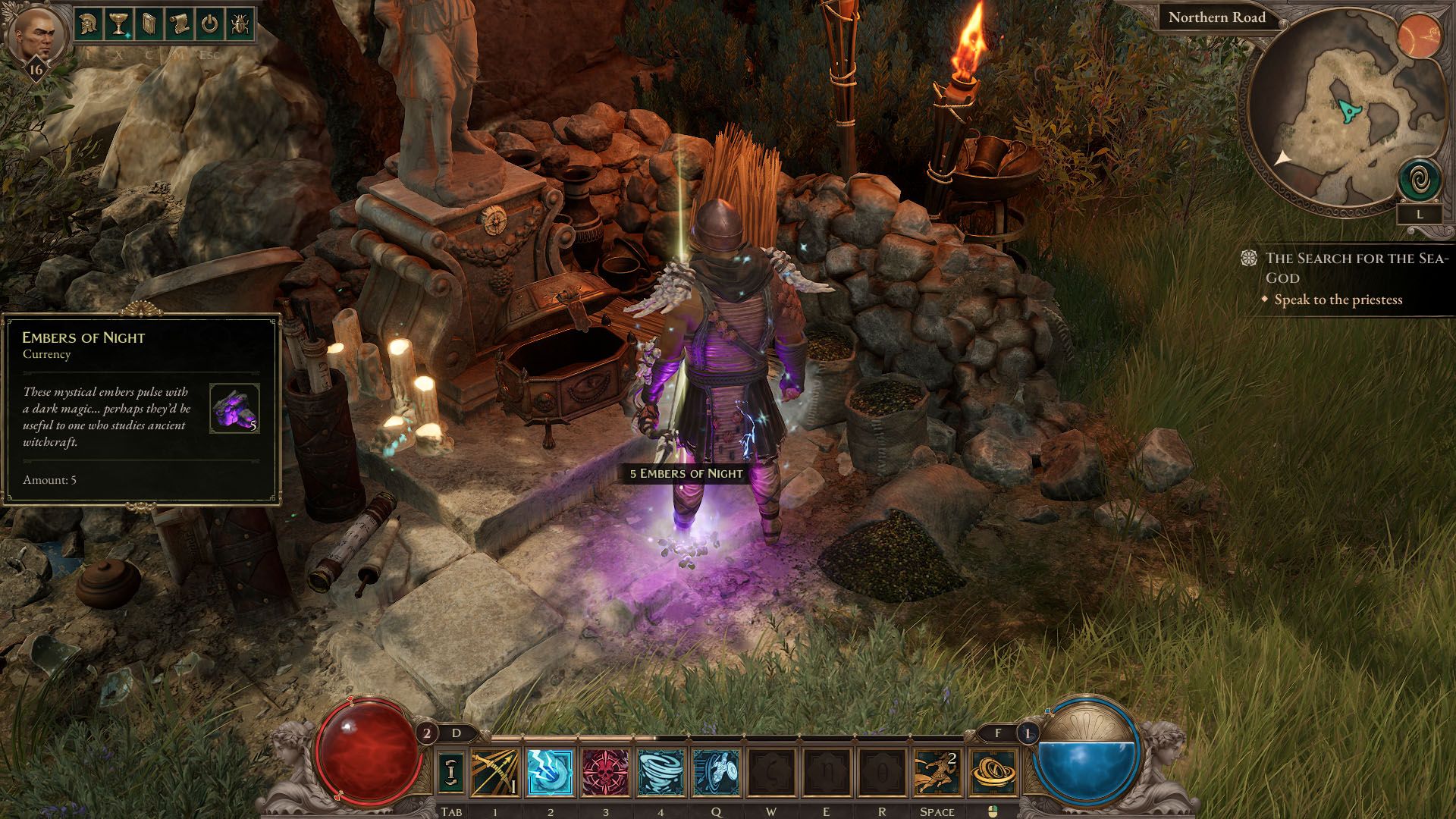 A Titan Quest 2 screenshot showing the character next to some Embers of Night, a glowing item on the ground, and facing an opened box.