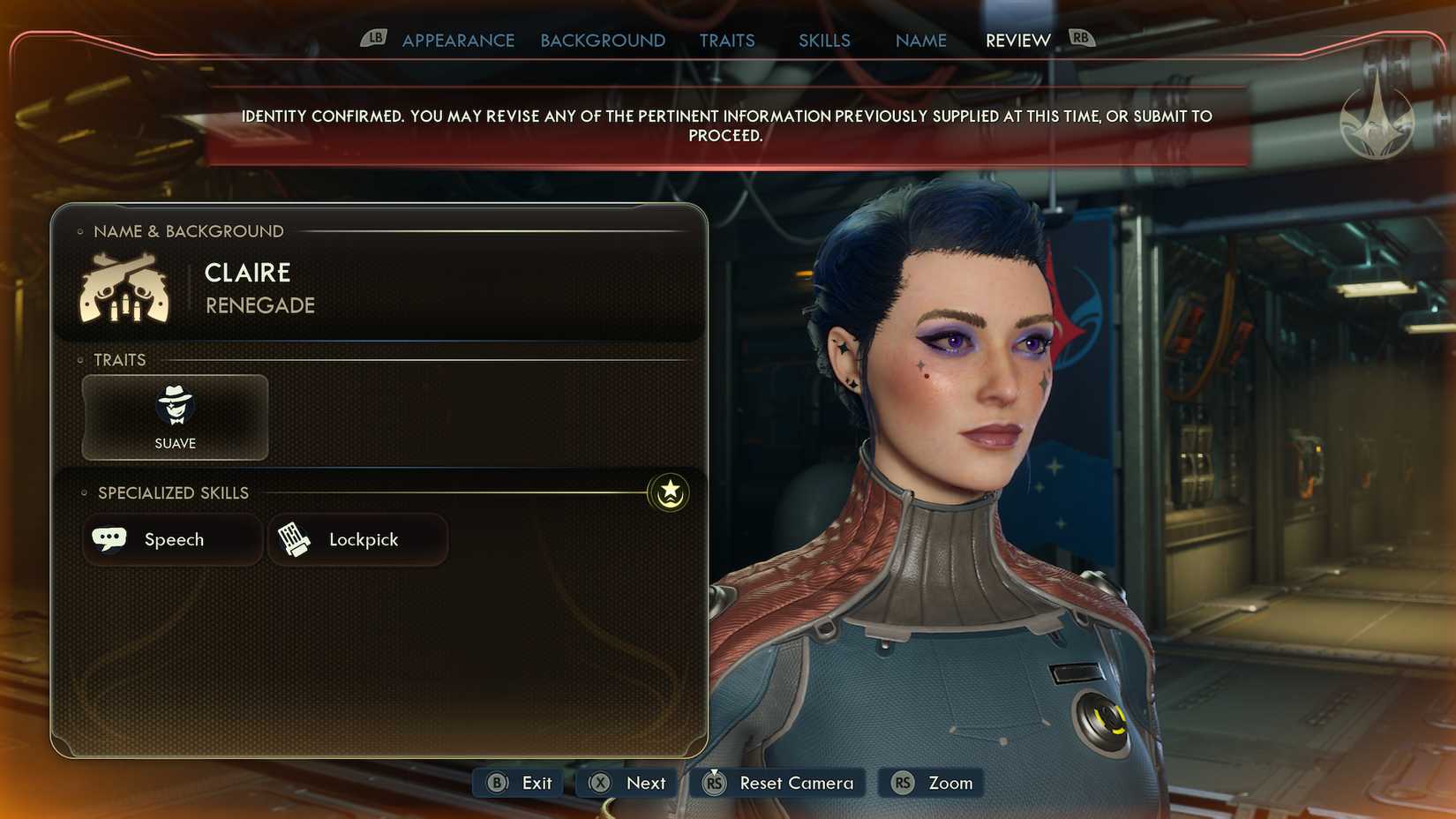 The writer's player-character gazes into the distance. She has dark hair styled in a bun, purple eyes, dramatic purple eye makeup, and star-shaped earrings that match her face tattoos.