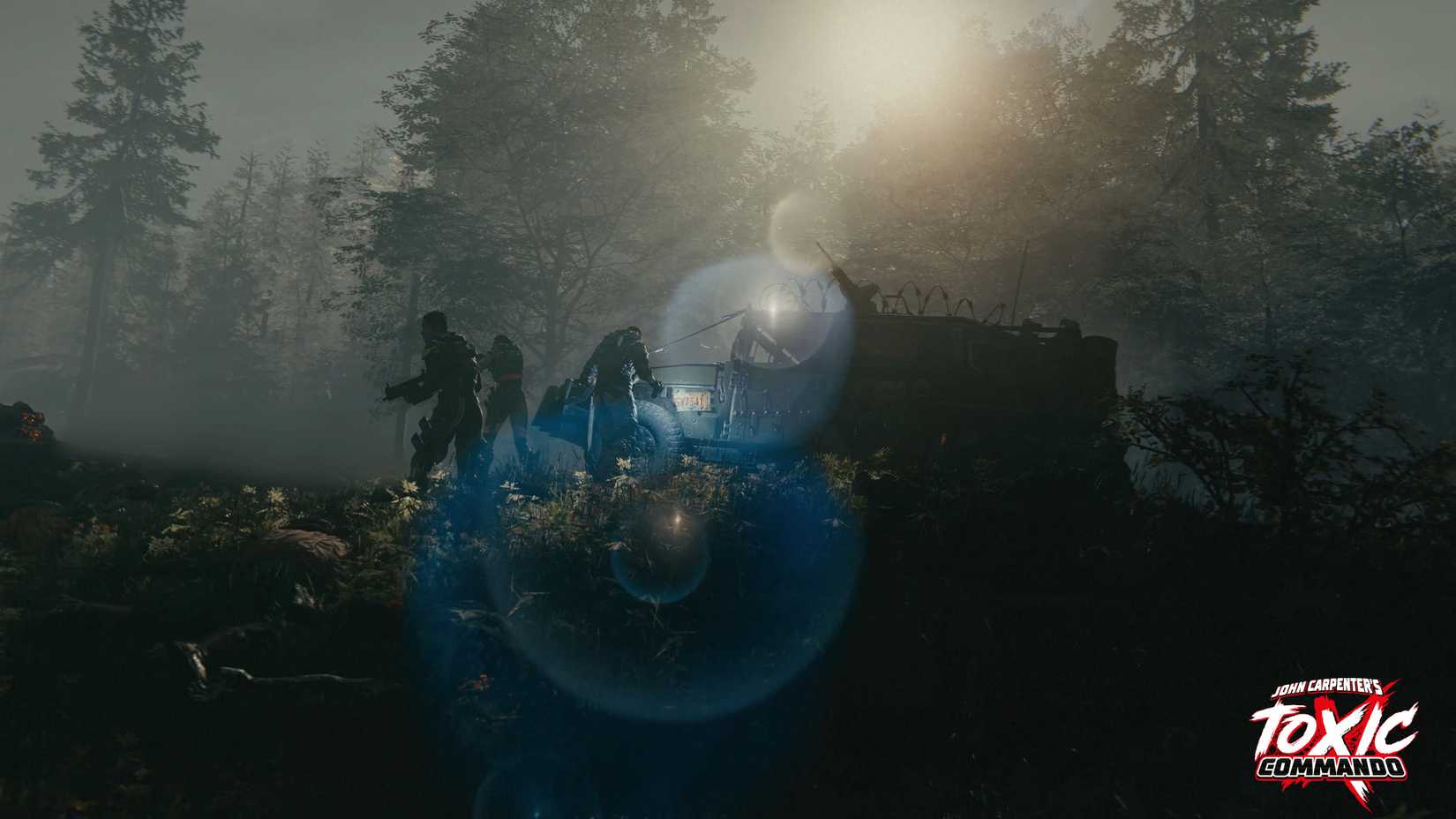 Three people surround the apocalypse vehicle in Toxic Commando