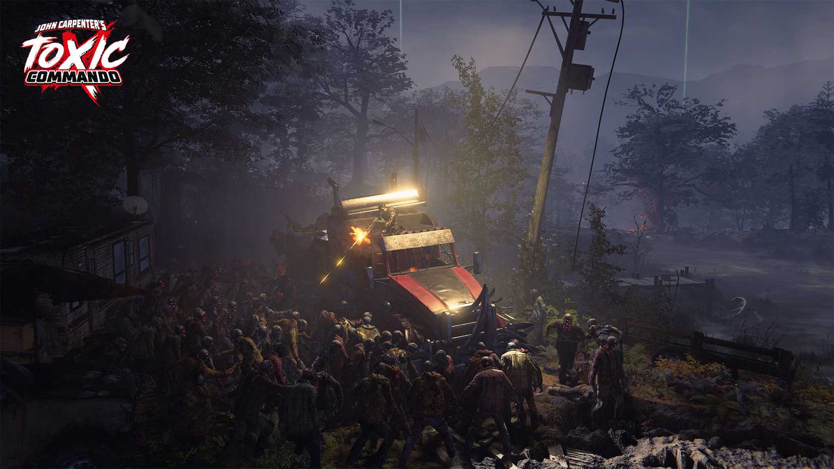 A truck plows through a swarm of zombies in Toxic Commando
