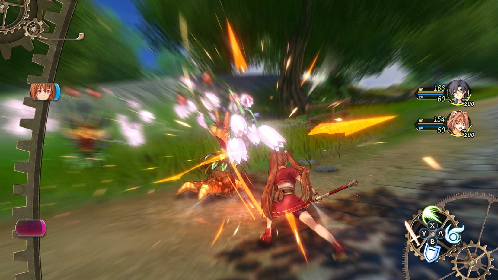 Estelle attacking a plant monster in Trails in the Sky First Chapter
