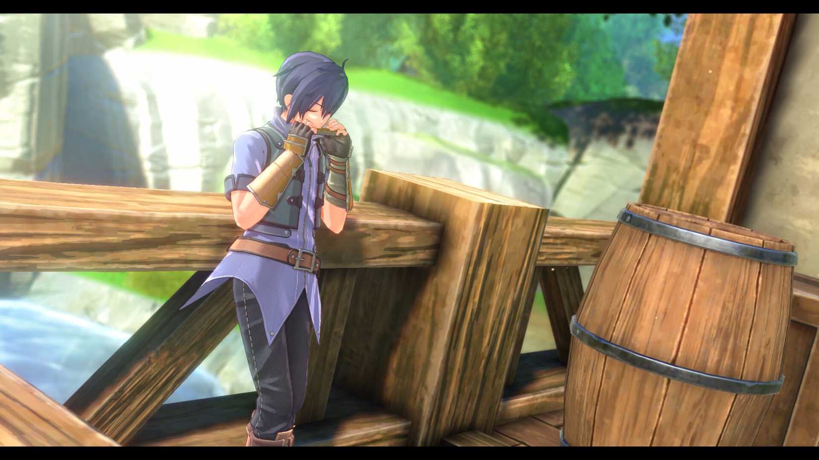 Joshua Bright playing a harmonica in Trails in the Sky First Chapter