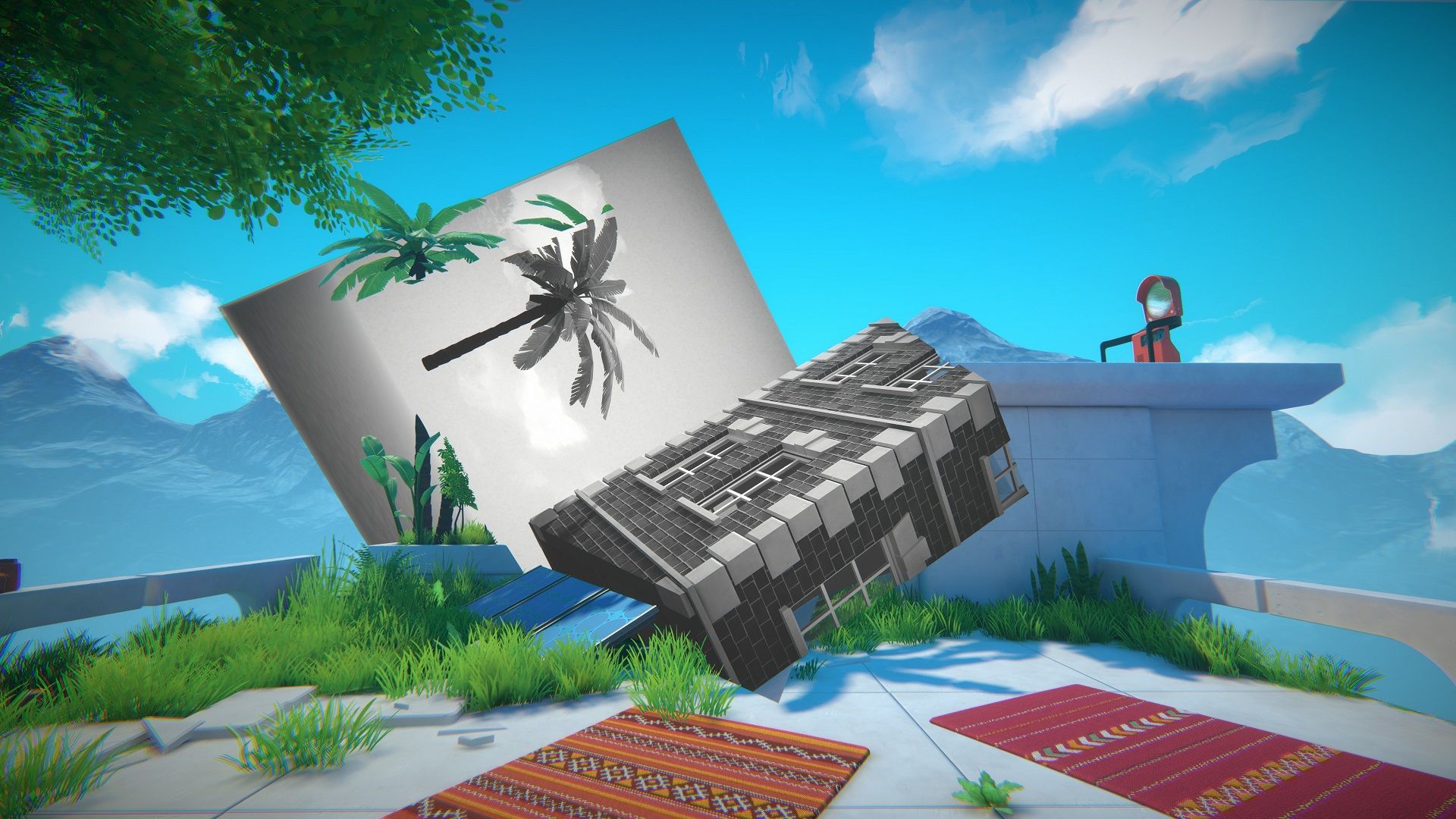 Using the image of the building as a ramp bridge in the viewfinder.