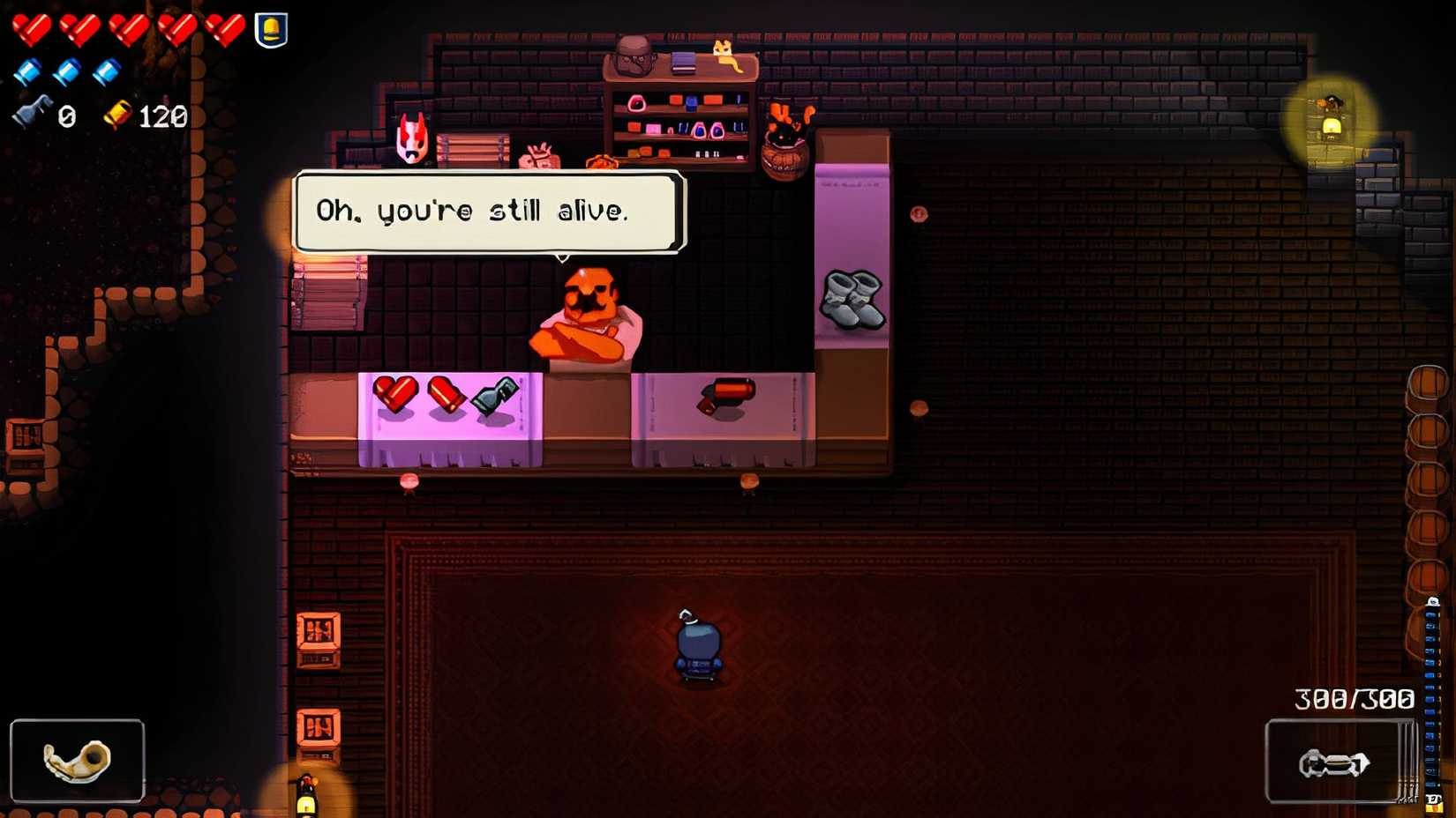 A screenshot of Enter the Gungeon's shopkeeper.
