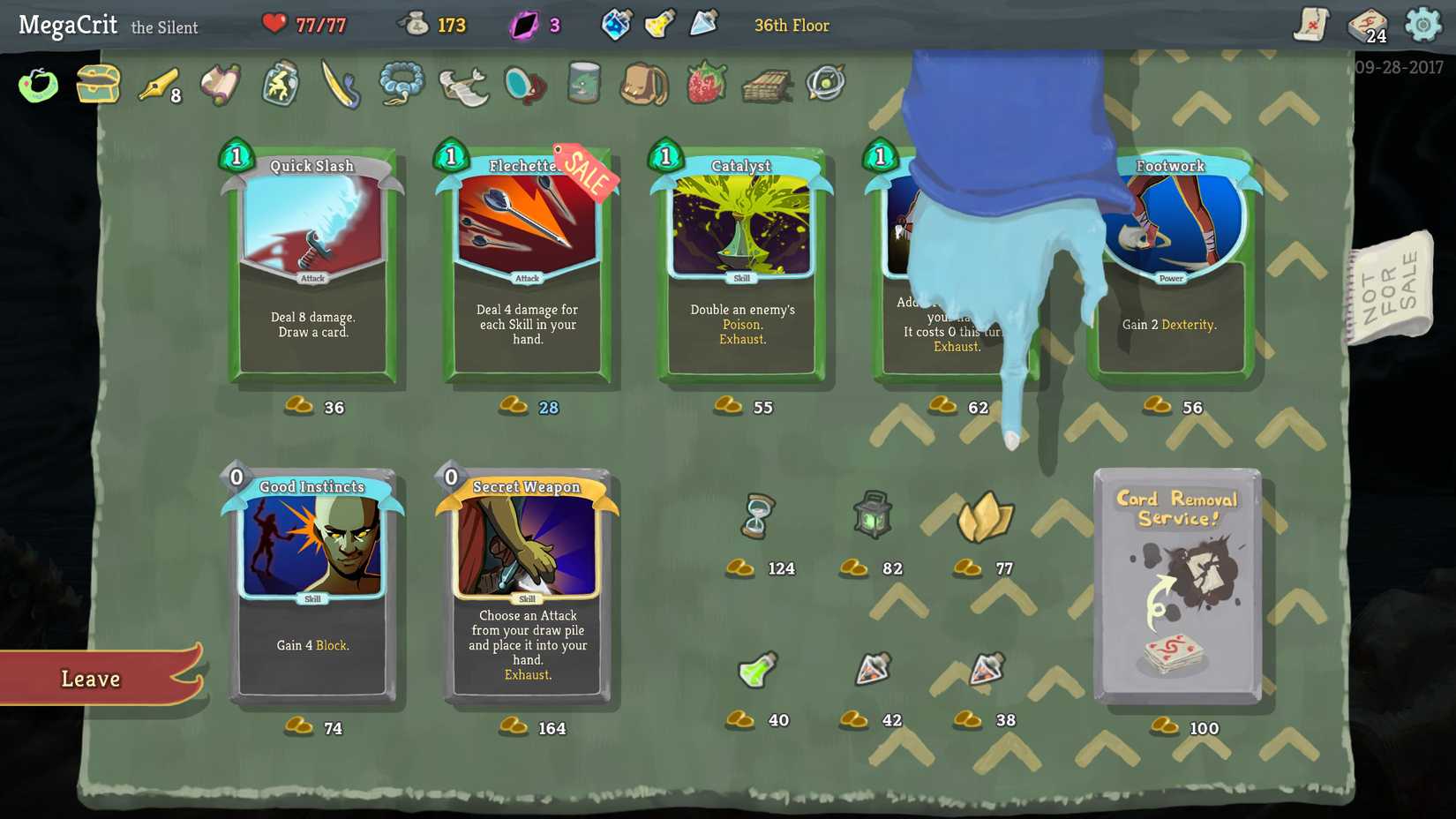A shopkeeper shows off their wares, a selection of cards. A screenshot from Slay the Spire.