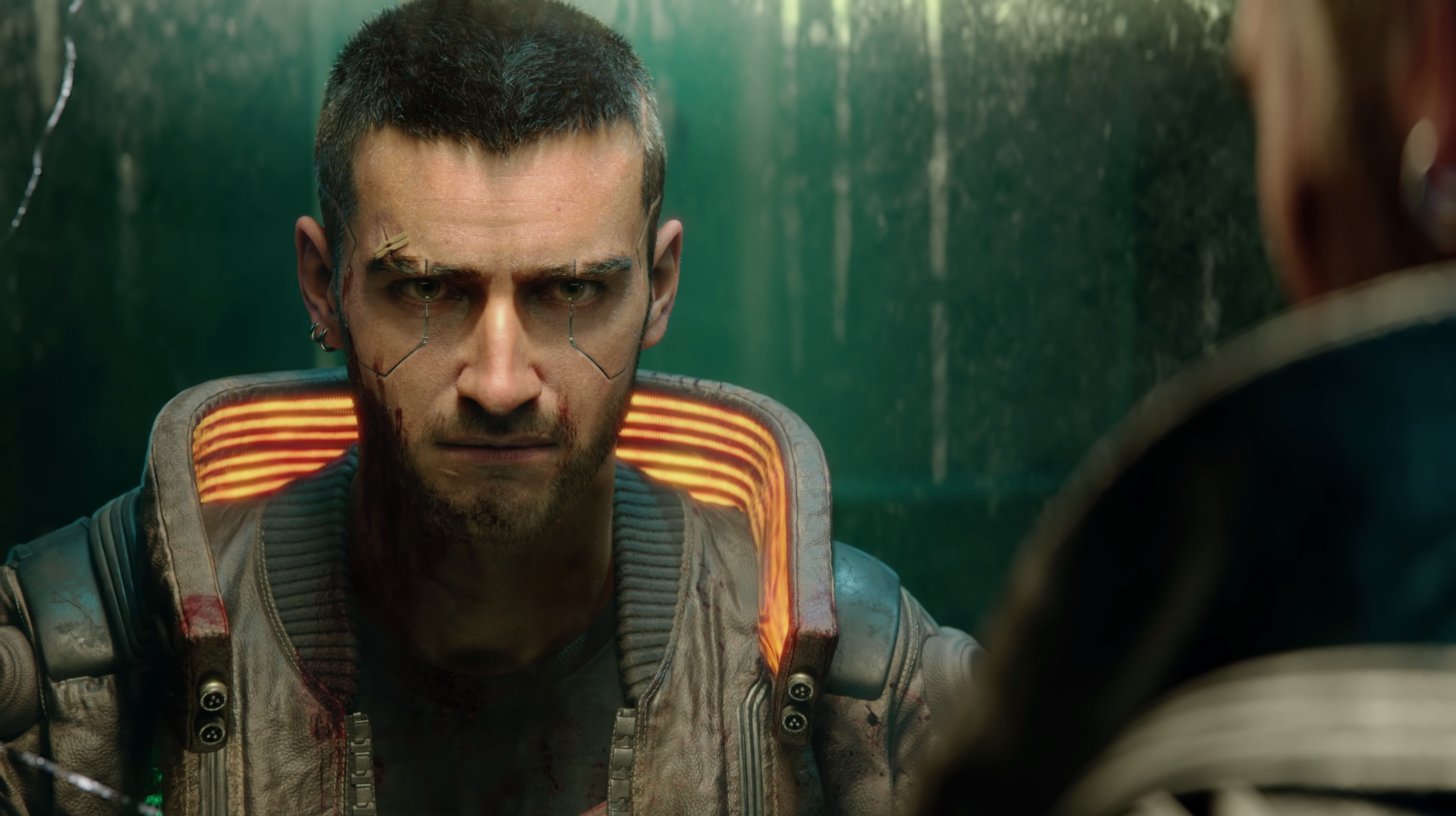 A version of the main character in Cyberpunk 2077 stares at himself in the mirror